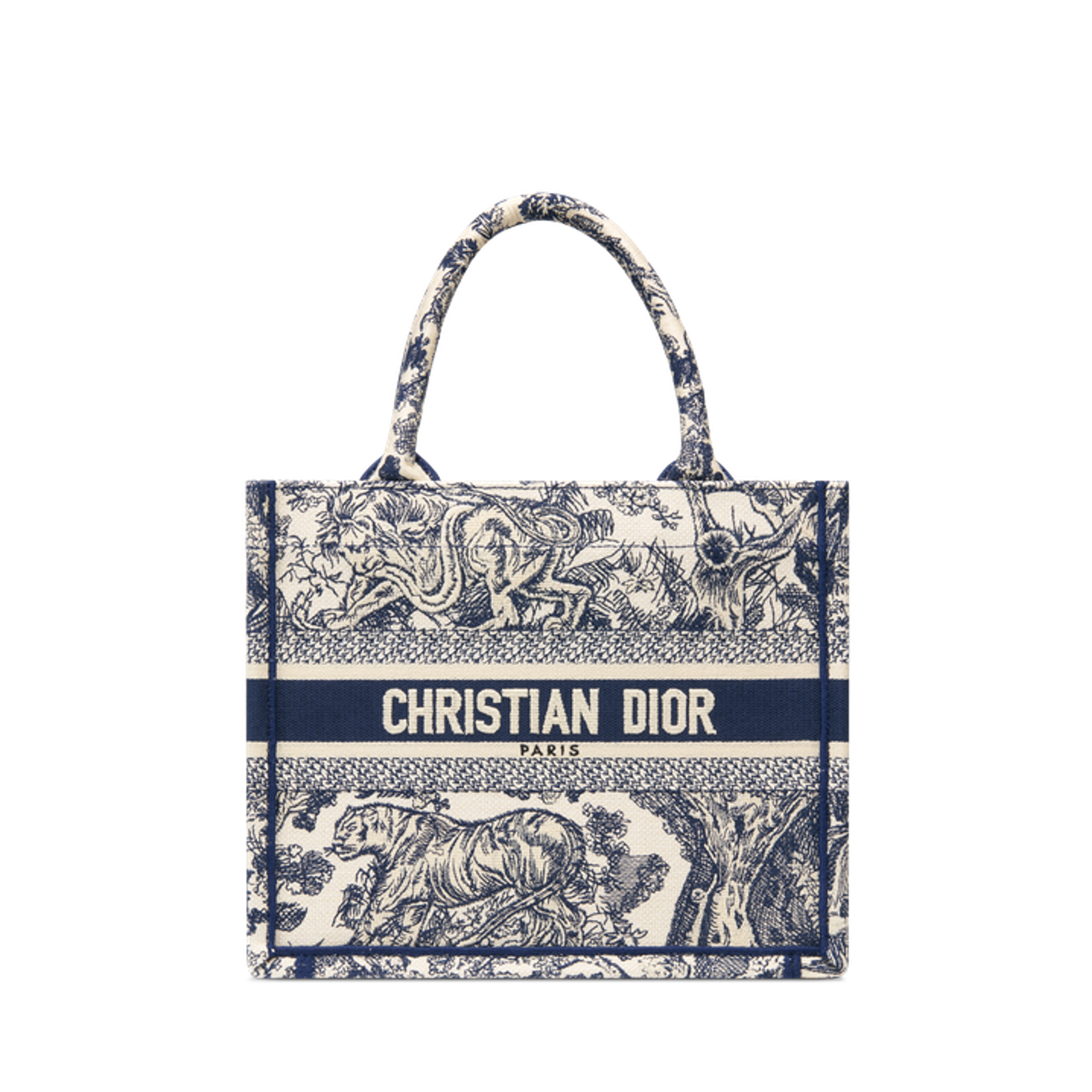 Small Dior Book Tote White and Navy Blue Toile de Jouy Embroidery (26.5 x 21 x 14 cm) | DIOR US