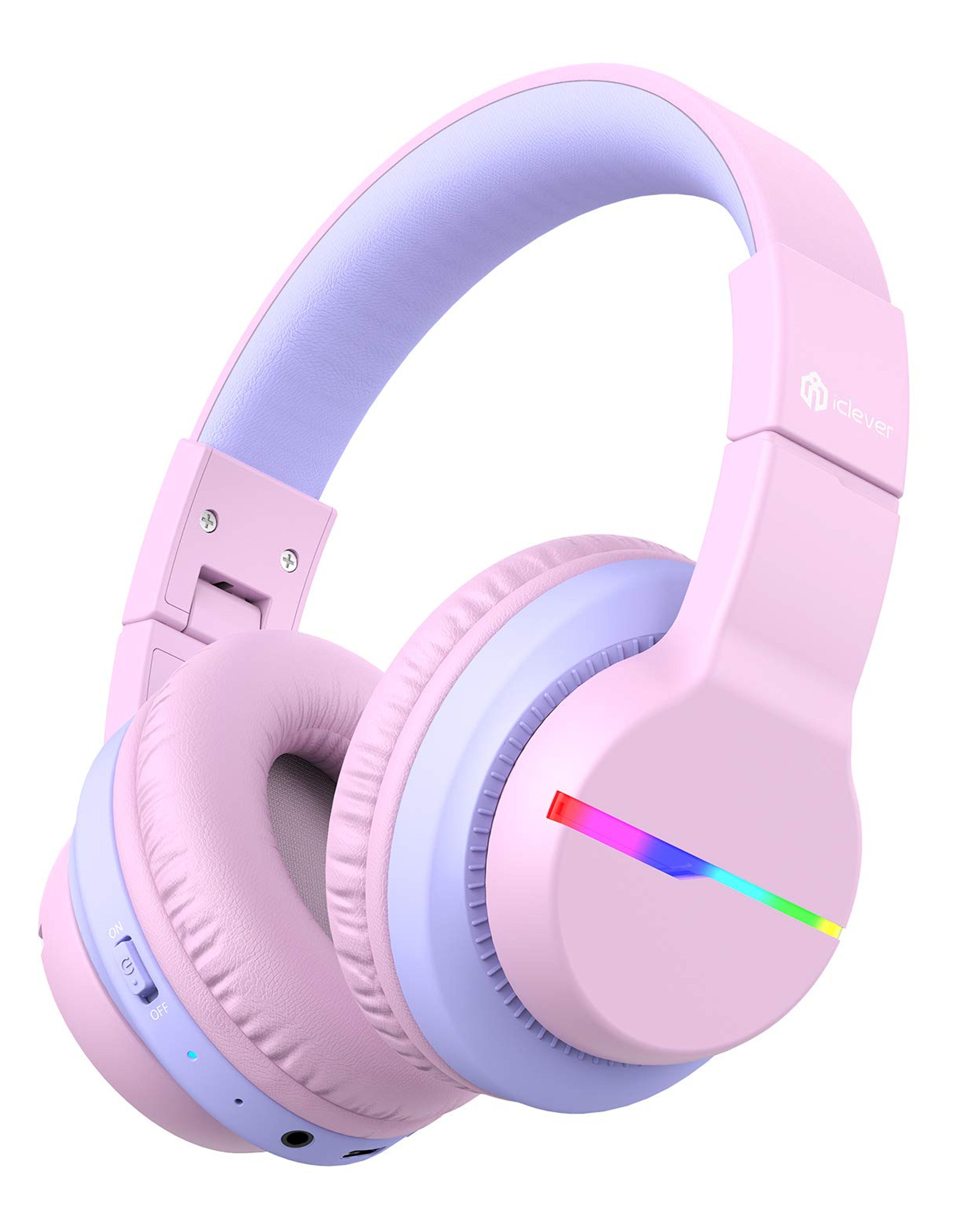 iClever BTH12 Kids Headphones, Colorful LED Lights Kids Bluetooth Headphones with 74/85/94dB Volume Limited Over Ear, 40H Playtime, Bluetooth 5.0, Built-in Mic for School/Tablet/PC/Airplane, Pink