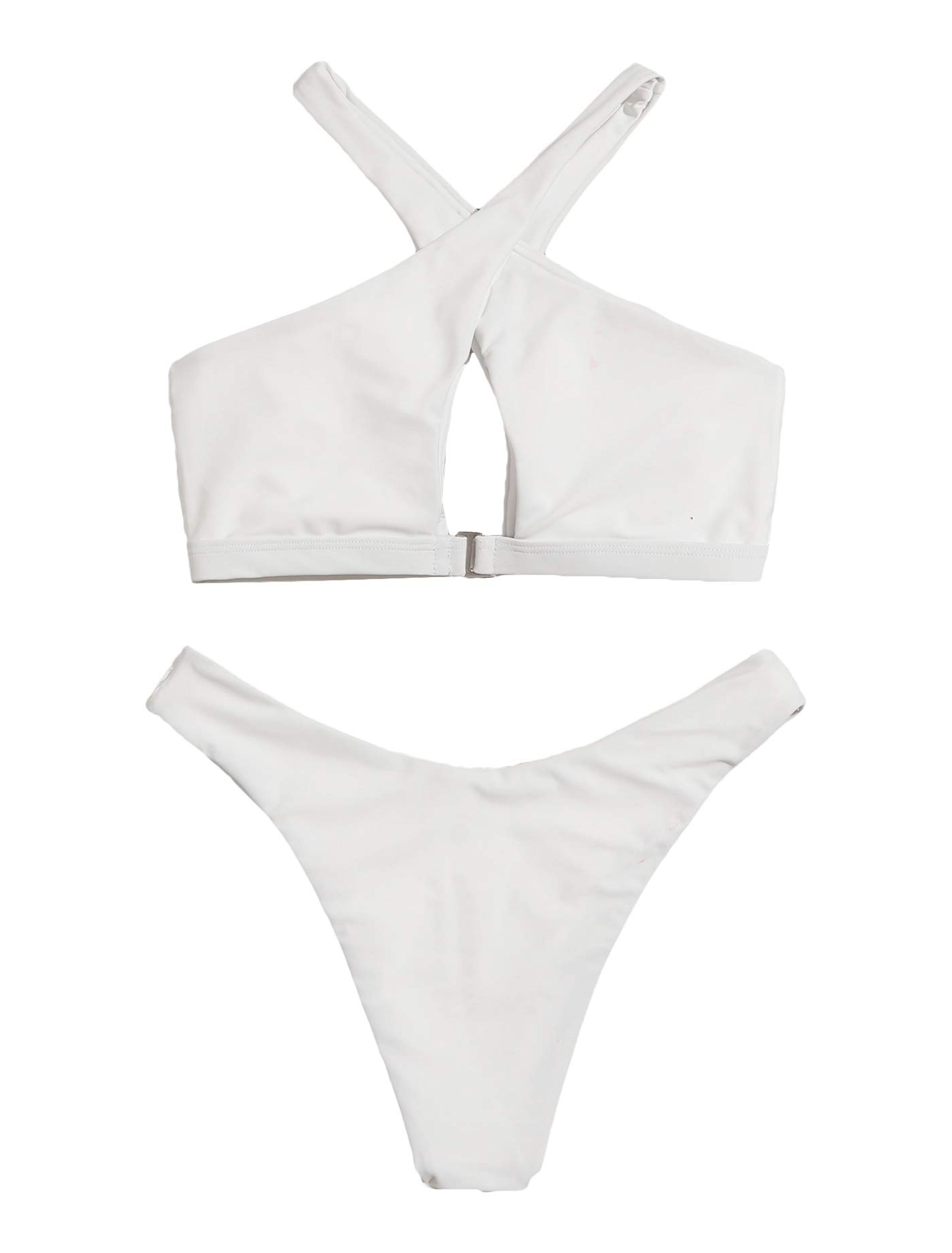 MakeMeChic Women's Cut Out Cross Halter Top & Thong 3 Piece Bikini Set Sexy Bathing Suit White M