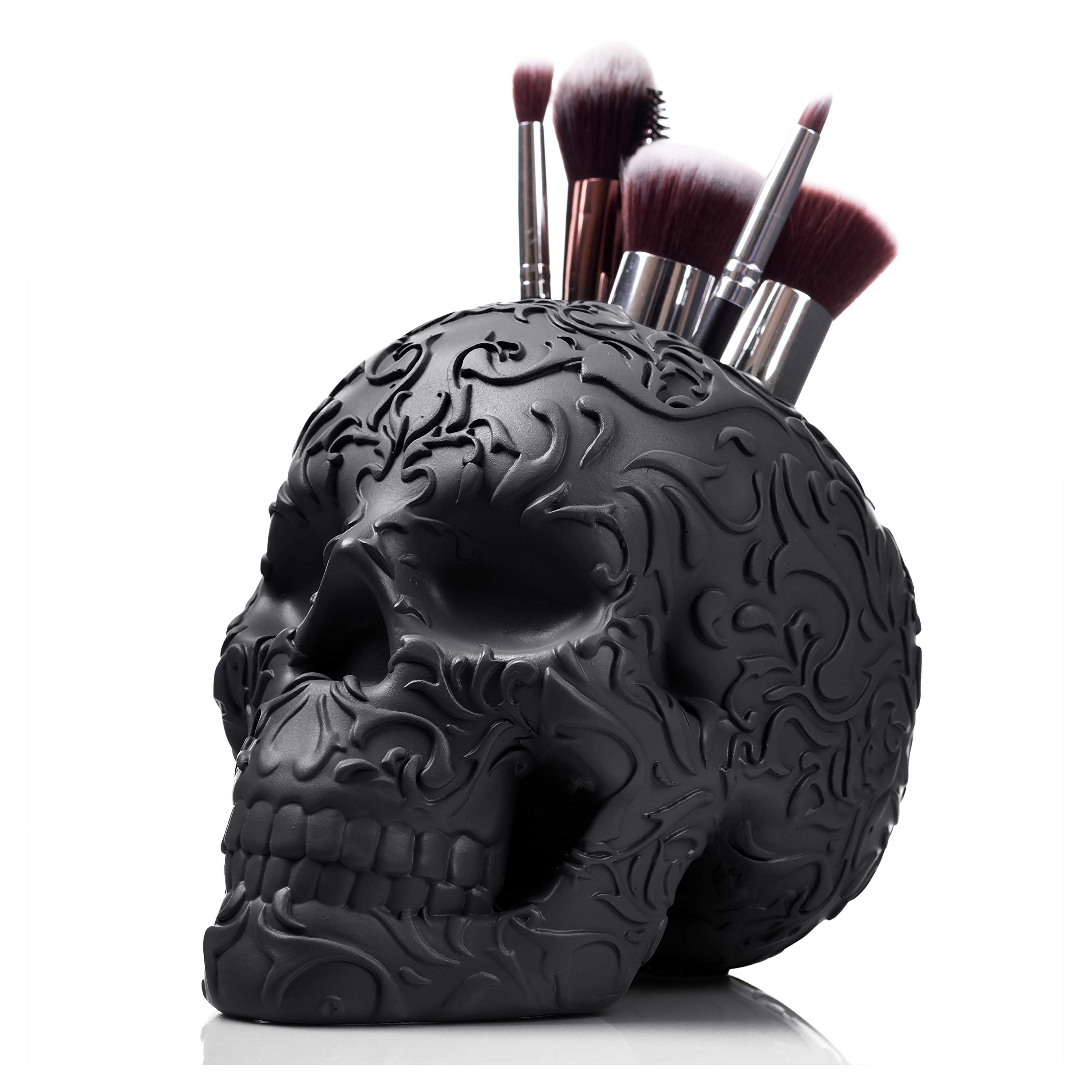 Skull Makeup Brush Holder, Pen Holder, Vanity, Desk, Office Organizer, Stationary, Decor Planter by Wicked Vanity Beauty JET BLACK