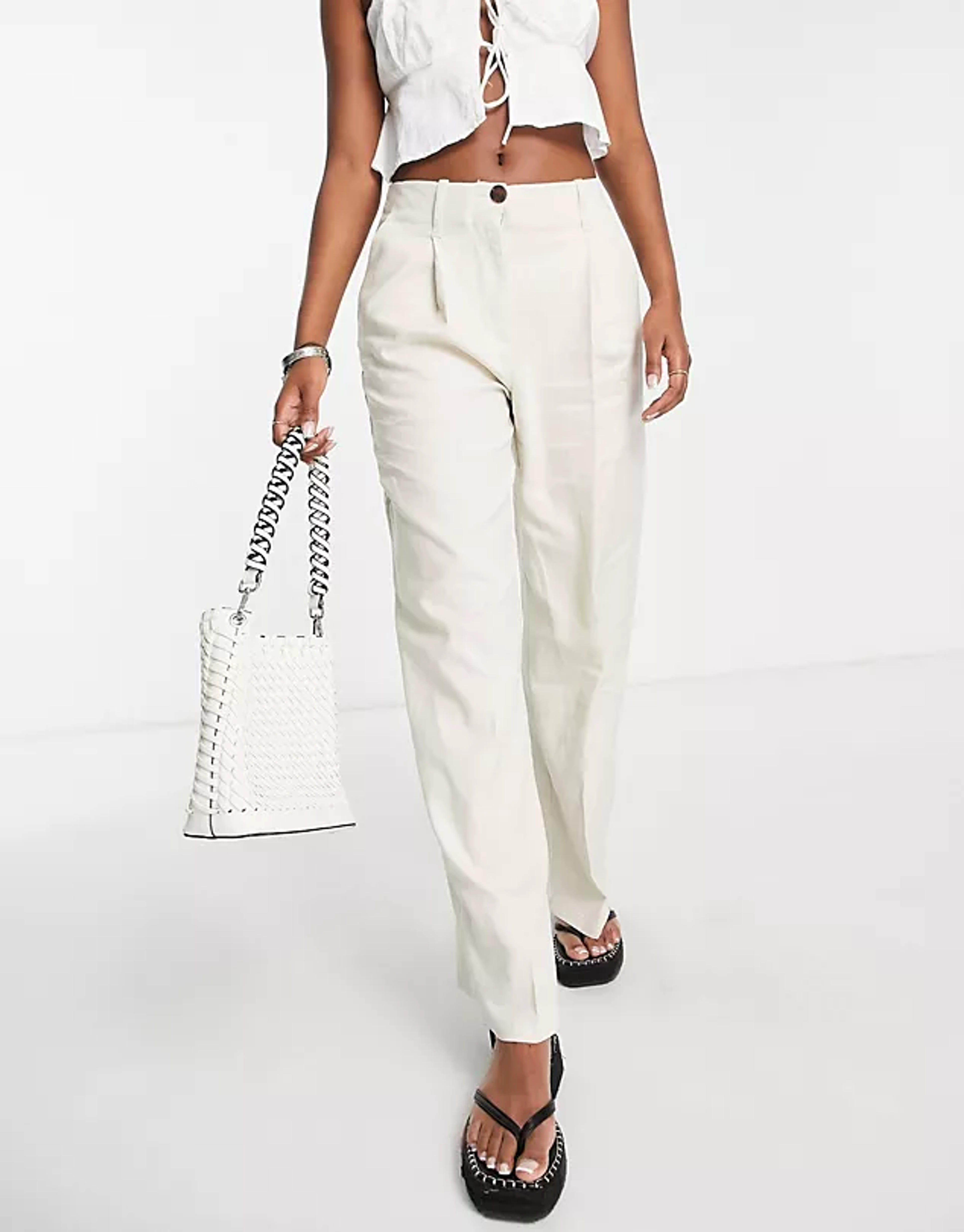 Bershka wide leg linen pants in sand | ASOS