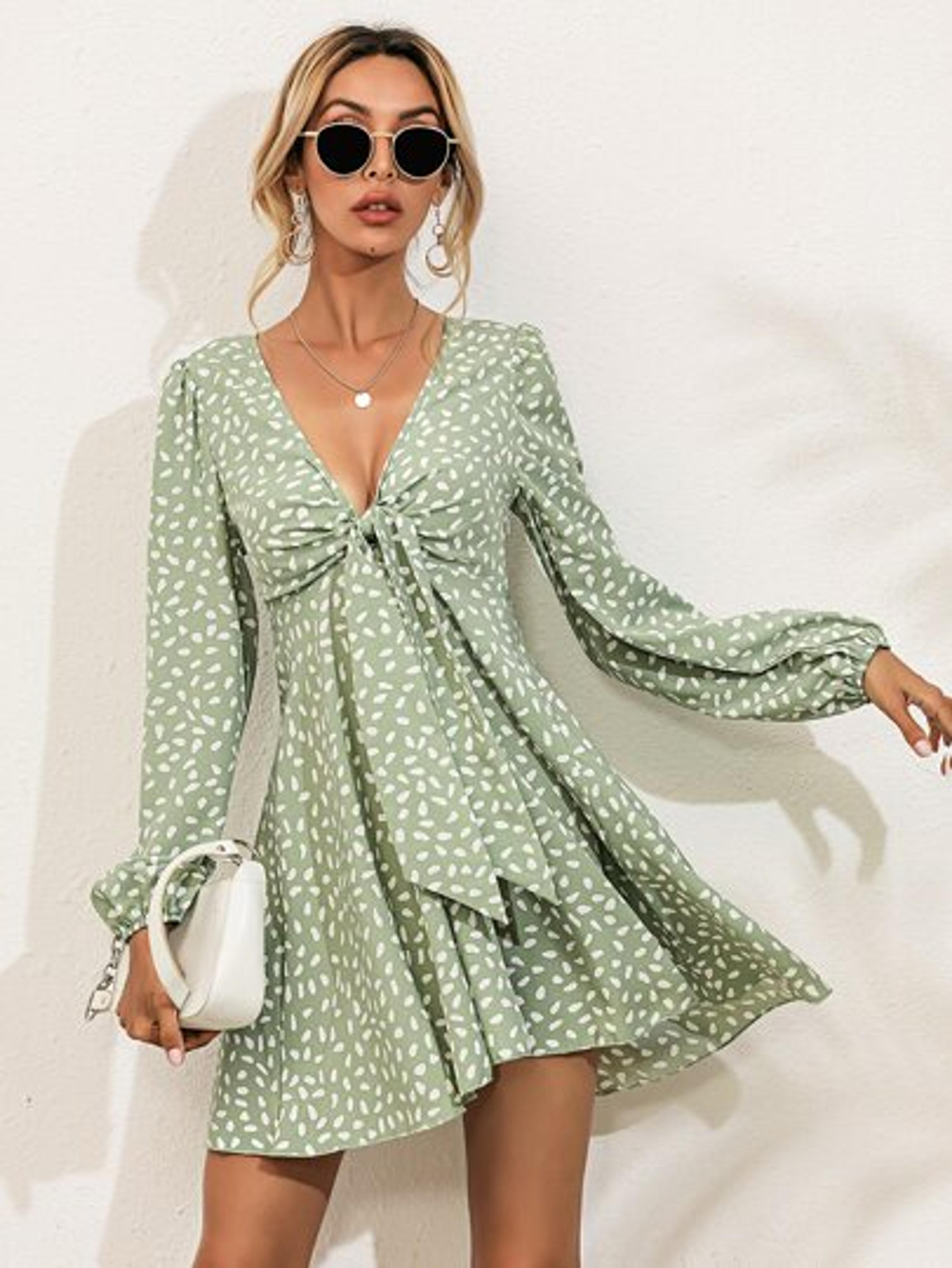 Lantern Sleeve Tie Front All Over Print Dress | SHEIN USA