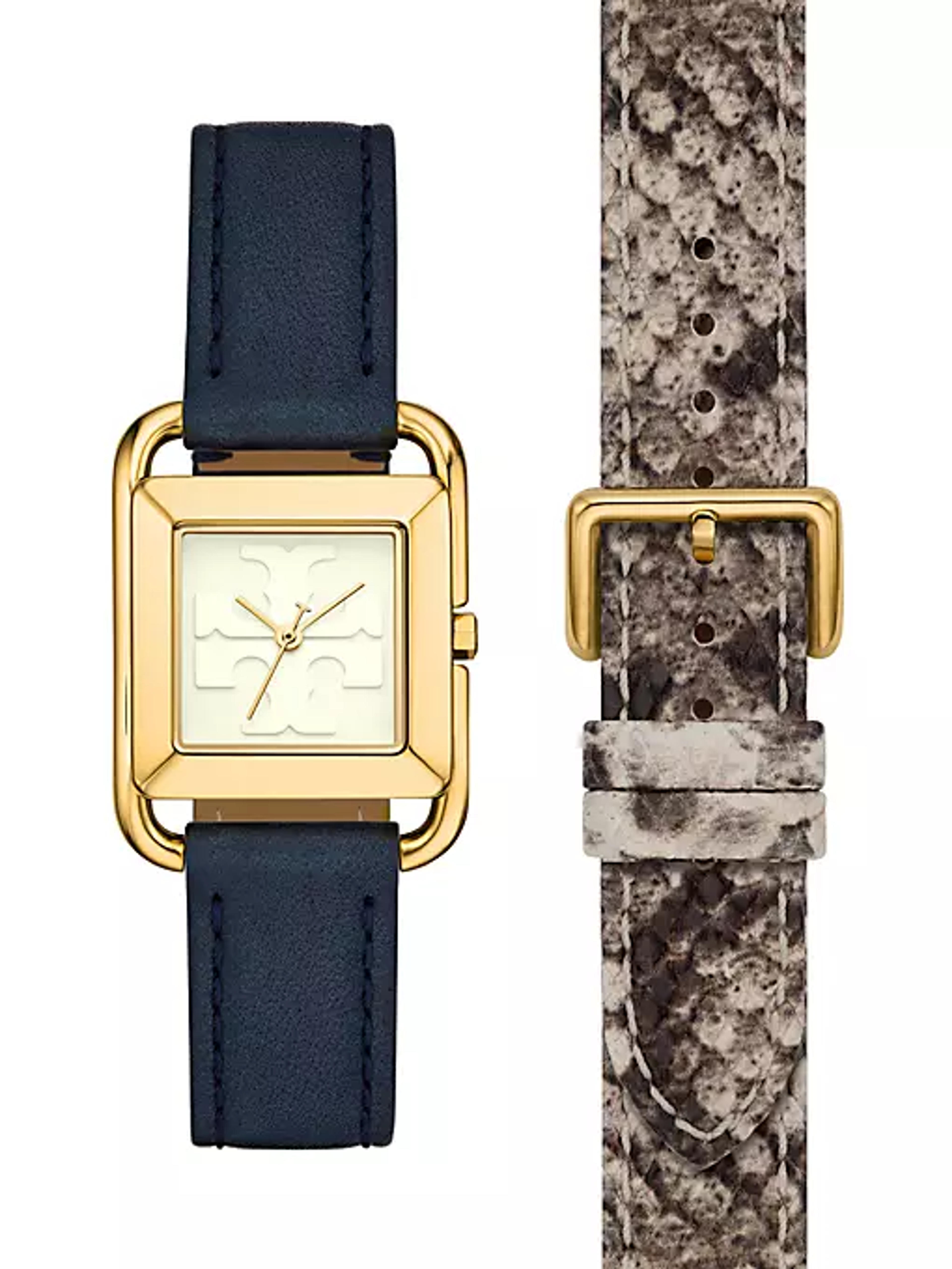 Shop Tory Burch Miller Goldtone Stainless Steel Watch & Leather Strap Set/24MM | Saks Fifth Avenue