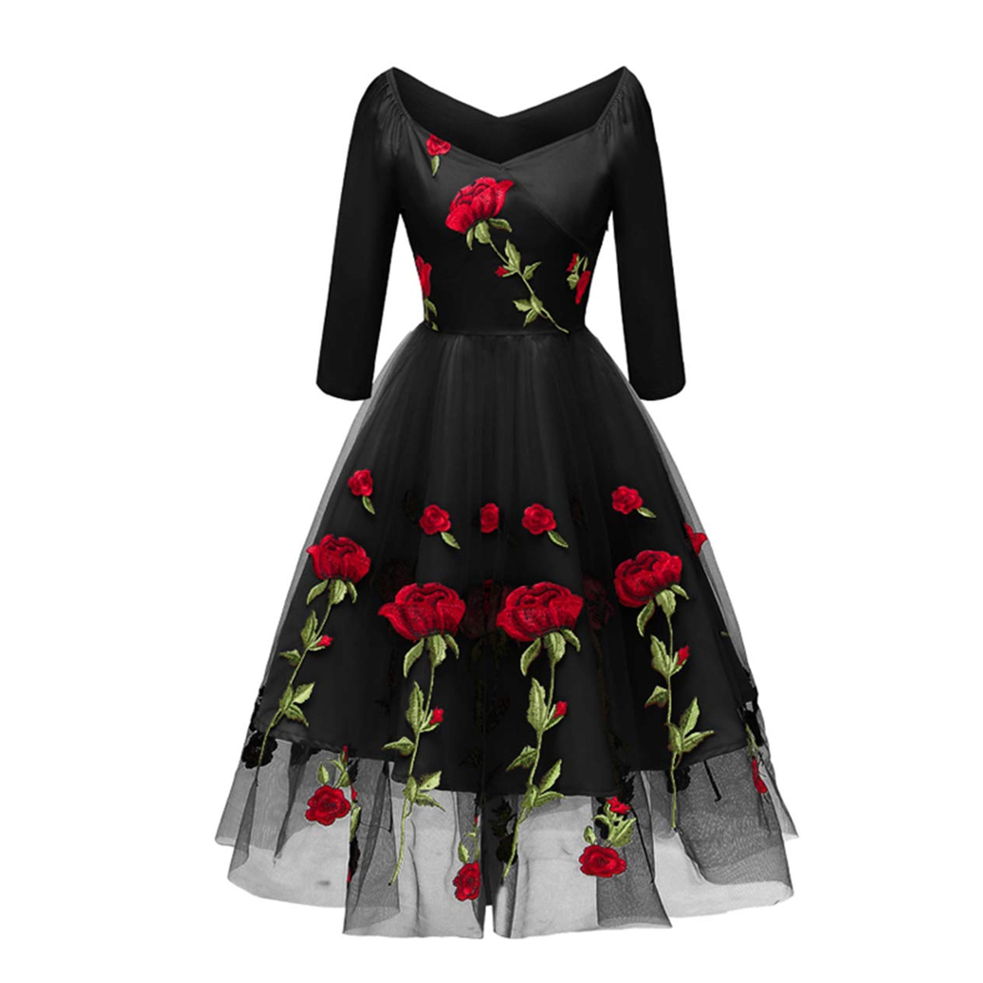 Women Vintage Off Shoulder Rose Embroidered Floral Evening Dress V Neck Short 3/4 Sleeves Wedding Cocktail A Line Midi Gown