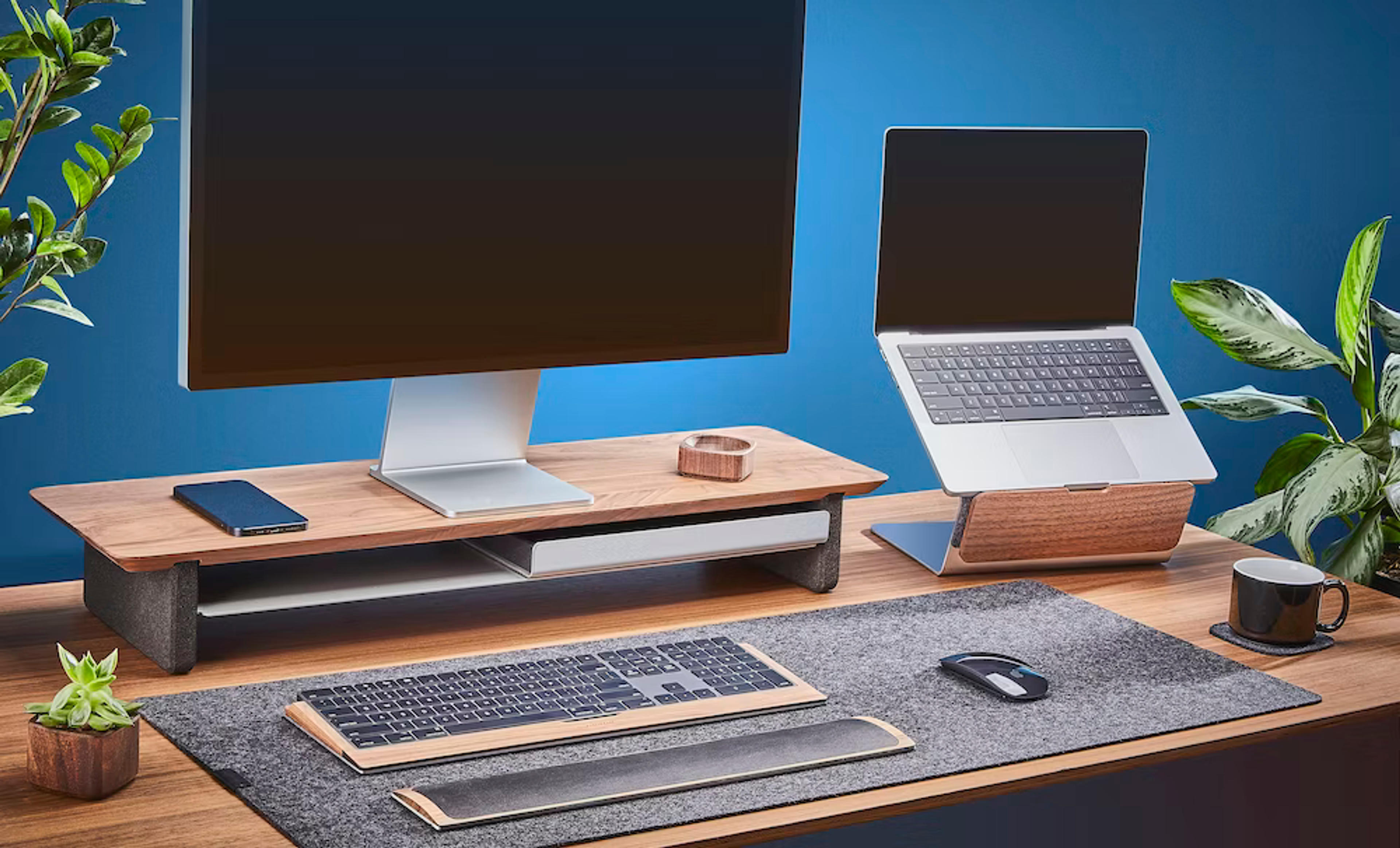 Desk Shelf & Wooden Dual Monitor Stand System