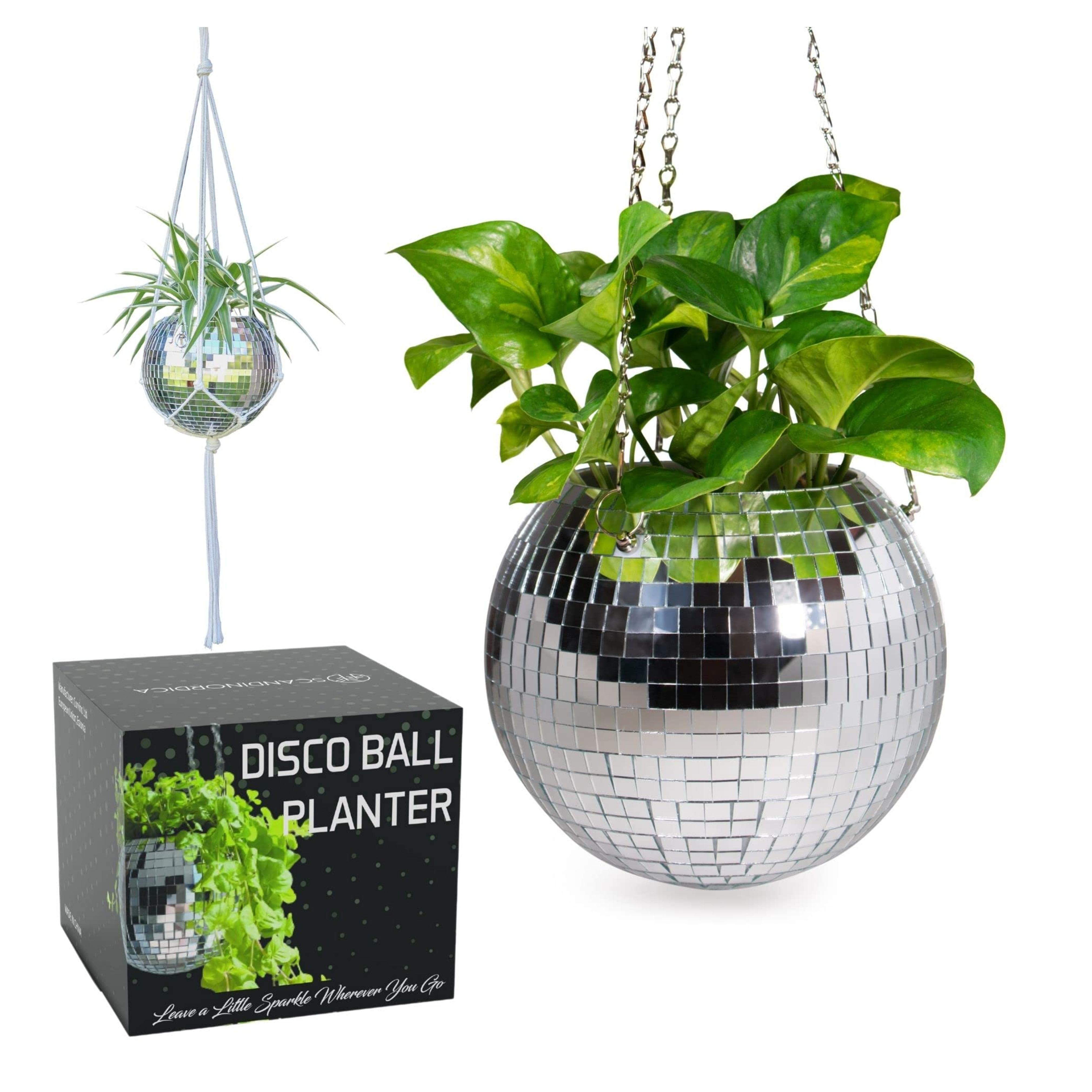 SCANDINORDICA Disco Ball Planter – Disco Ball Plant Hanger, Mirror Disco Planter with Chain and Macrame Rope, Hanging Planters for Indoor Plants | Disco Ball Decor - 8 inch Silver 8" Silver