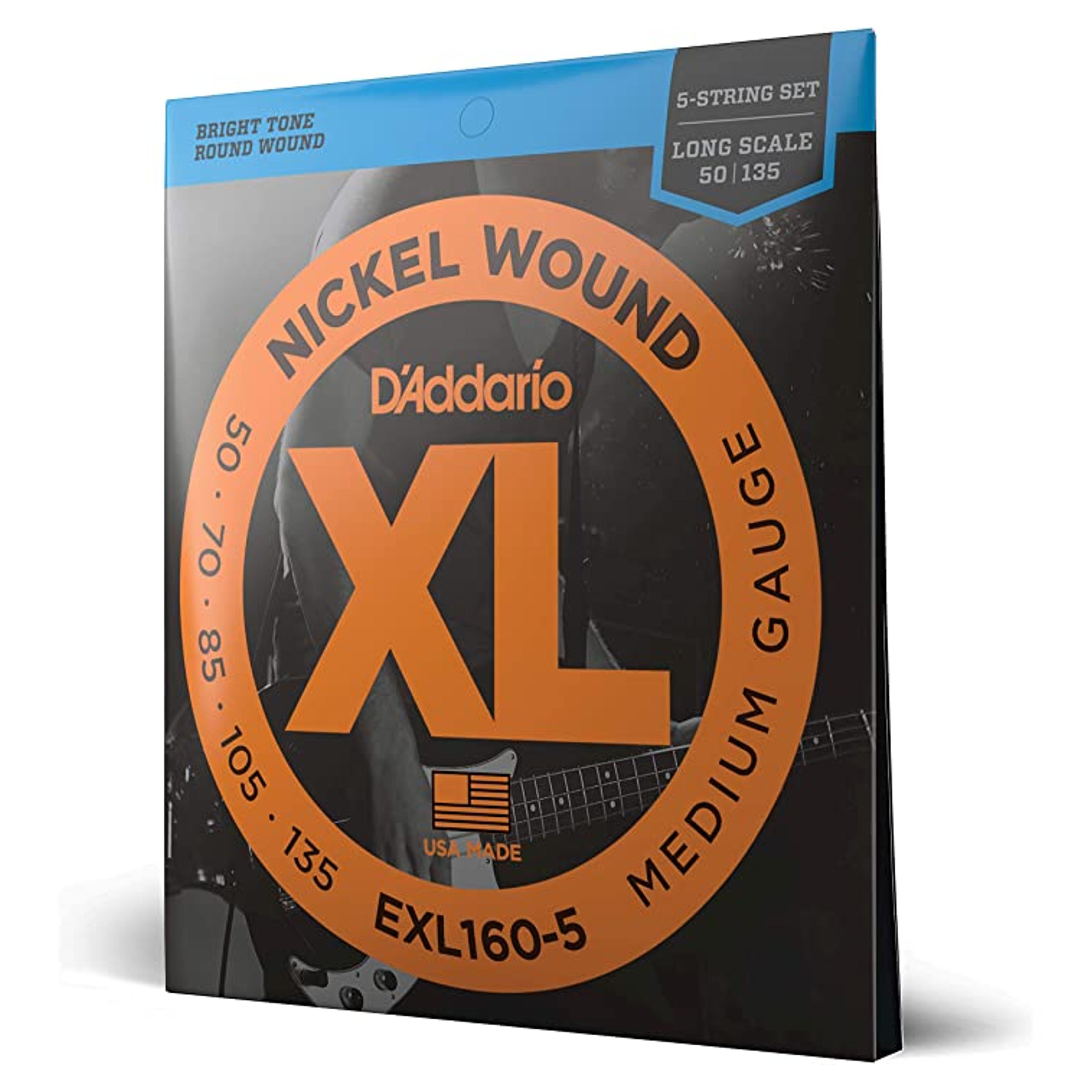 D'Addario EXL160-5 5-String Nickel Wound Bass Guitar Strings, Medium, 50-135, Long Scale