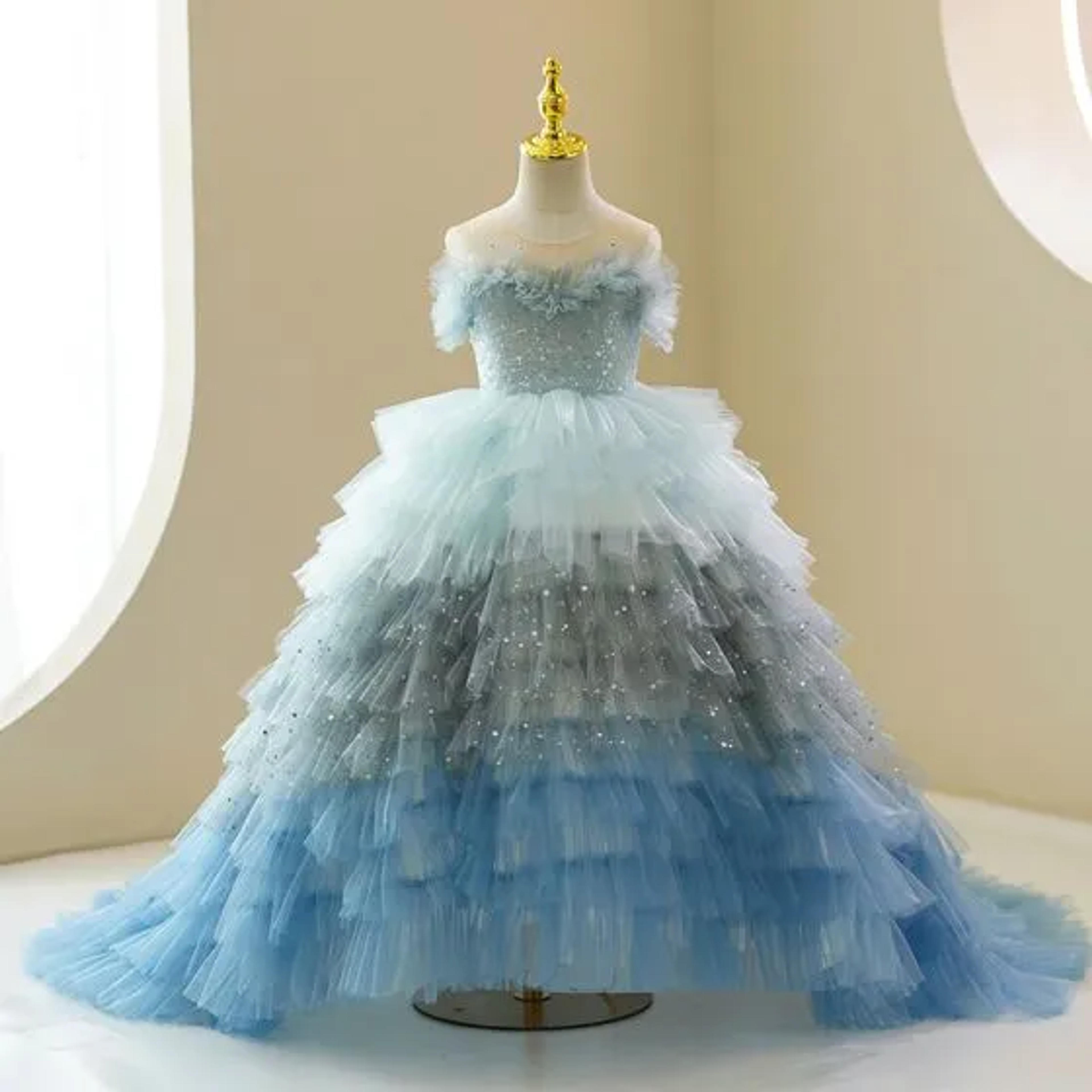 Fashion Multi-Colors Sky Blue Cascading Ruffles Sequins Birthday Flower Girl Dresses 2023 Ball Gown Scoop Neck Short Sleeve Court Train Tulle