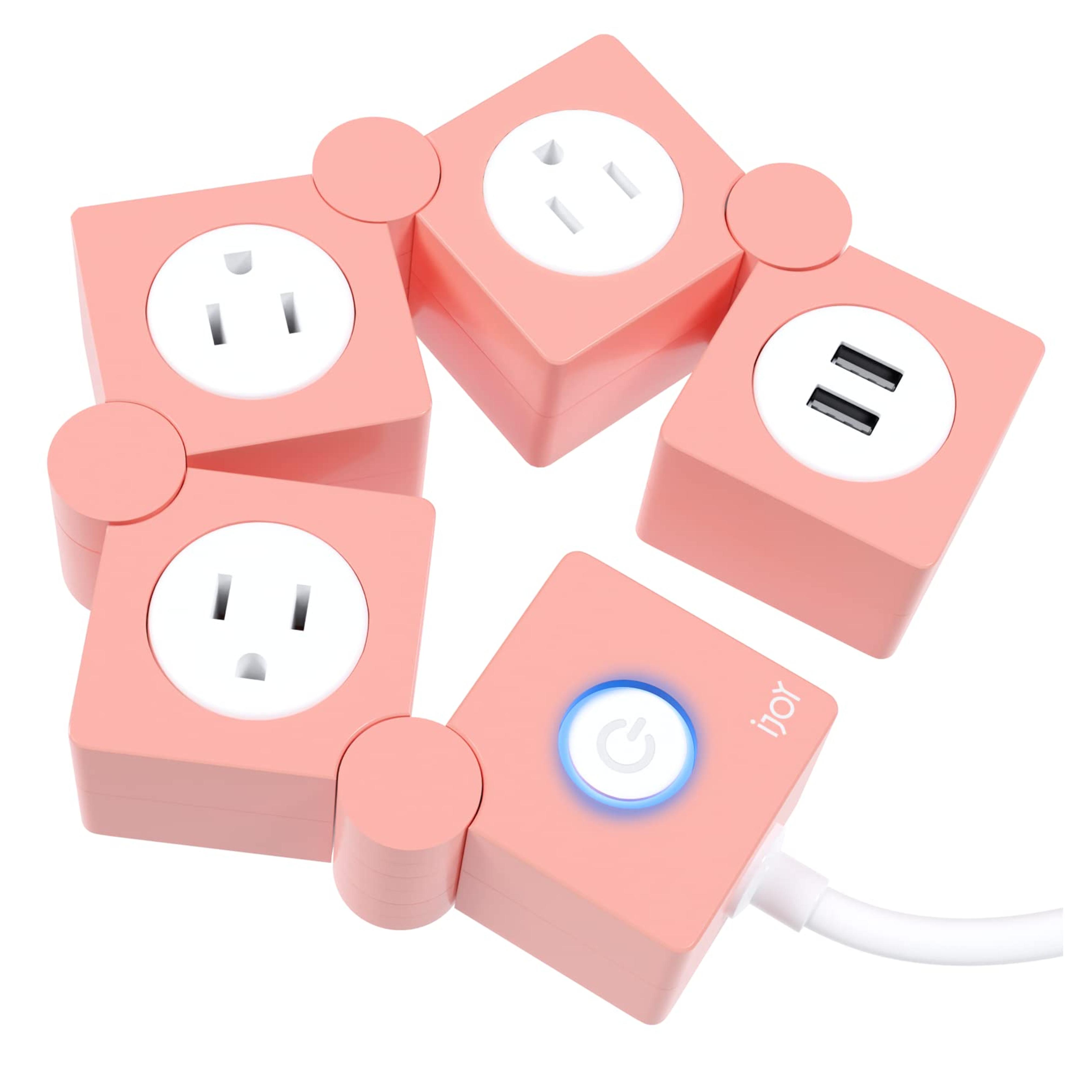 iJoy Flexible Power Strip- 3 AC Outlets and 2 USB Charging Ports with 5 Ft Extension Cord- 1250W/125V Decorative Surge Protector Outlet Extender for Home Office, Dorm, Room and More (Pink)