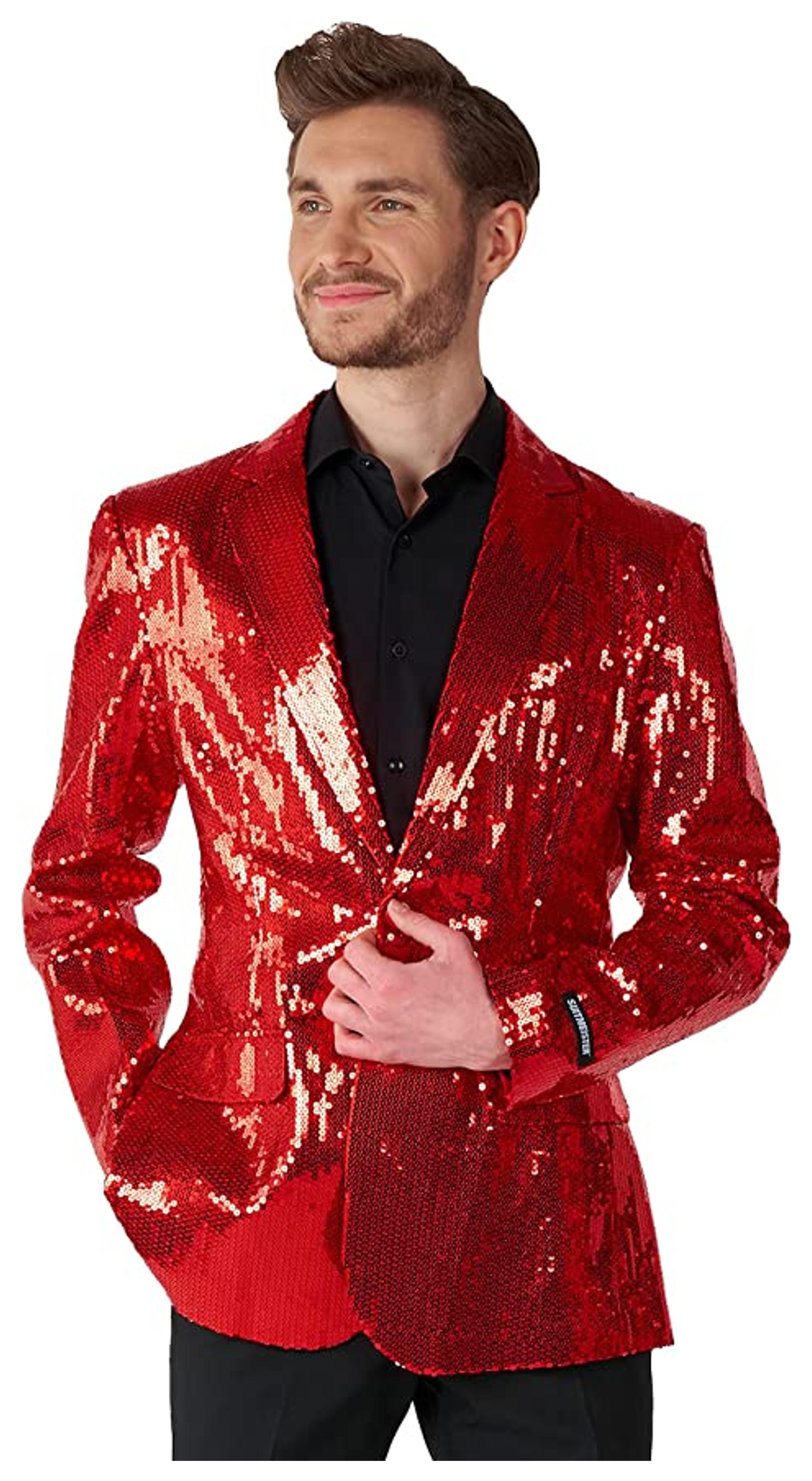 OFFSTREAM Red Sequin Christmas Suit - Size XL, Includes Matching Blazer Jacket, Pants & Tie | Glitter Fancy Dress Outfits | Christmas Day Outfit, Office Party, Thanks Giving & Gatherings