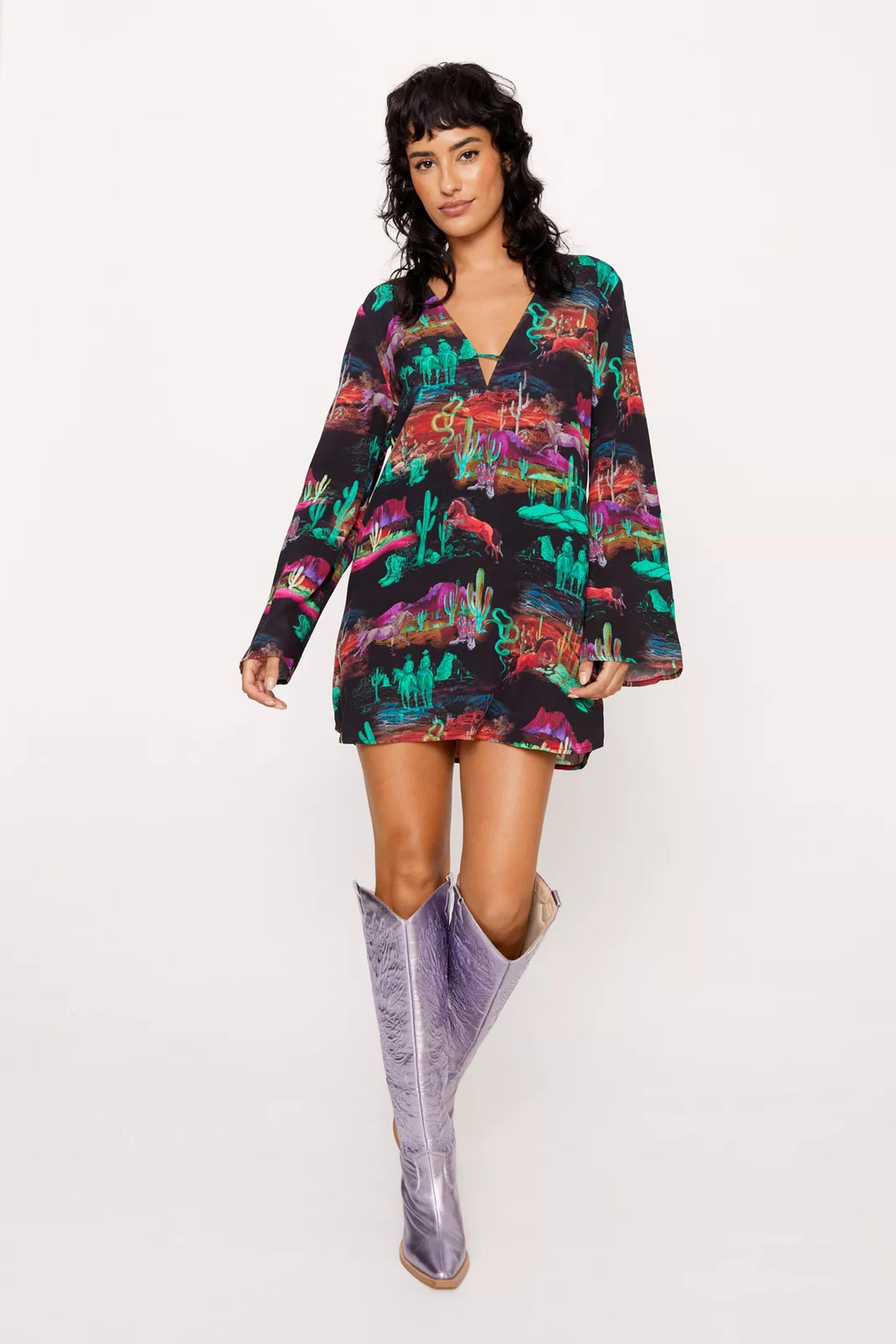 Rodeo Plunge Smock Mini Dress