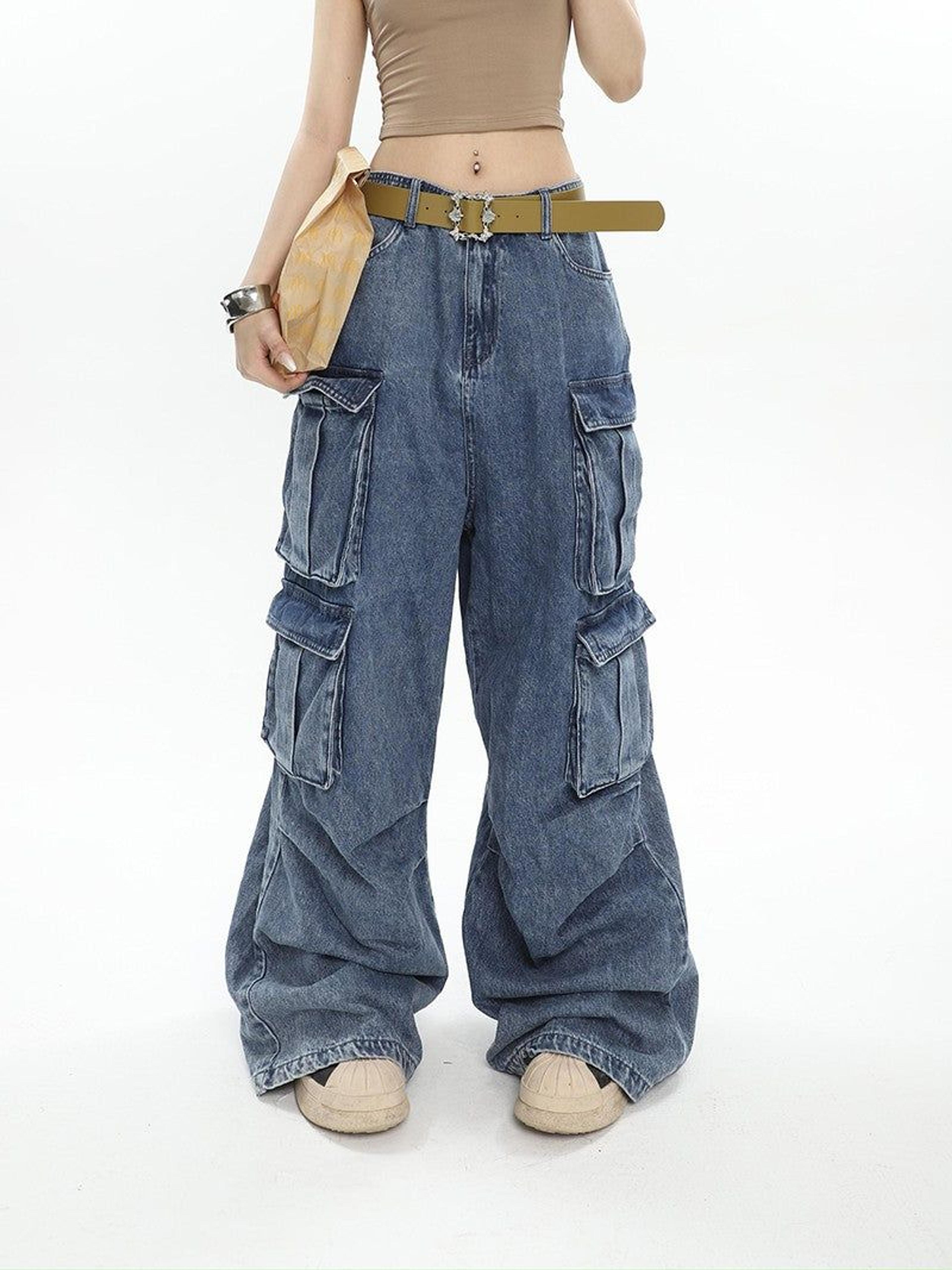 Baggy Wide Leg Cargo Pants - M / Blue