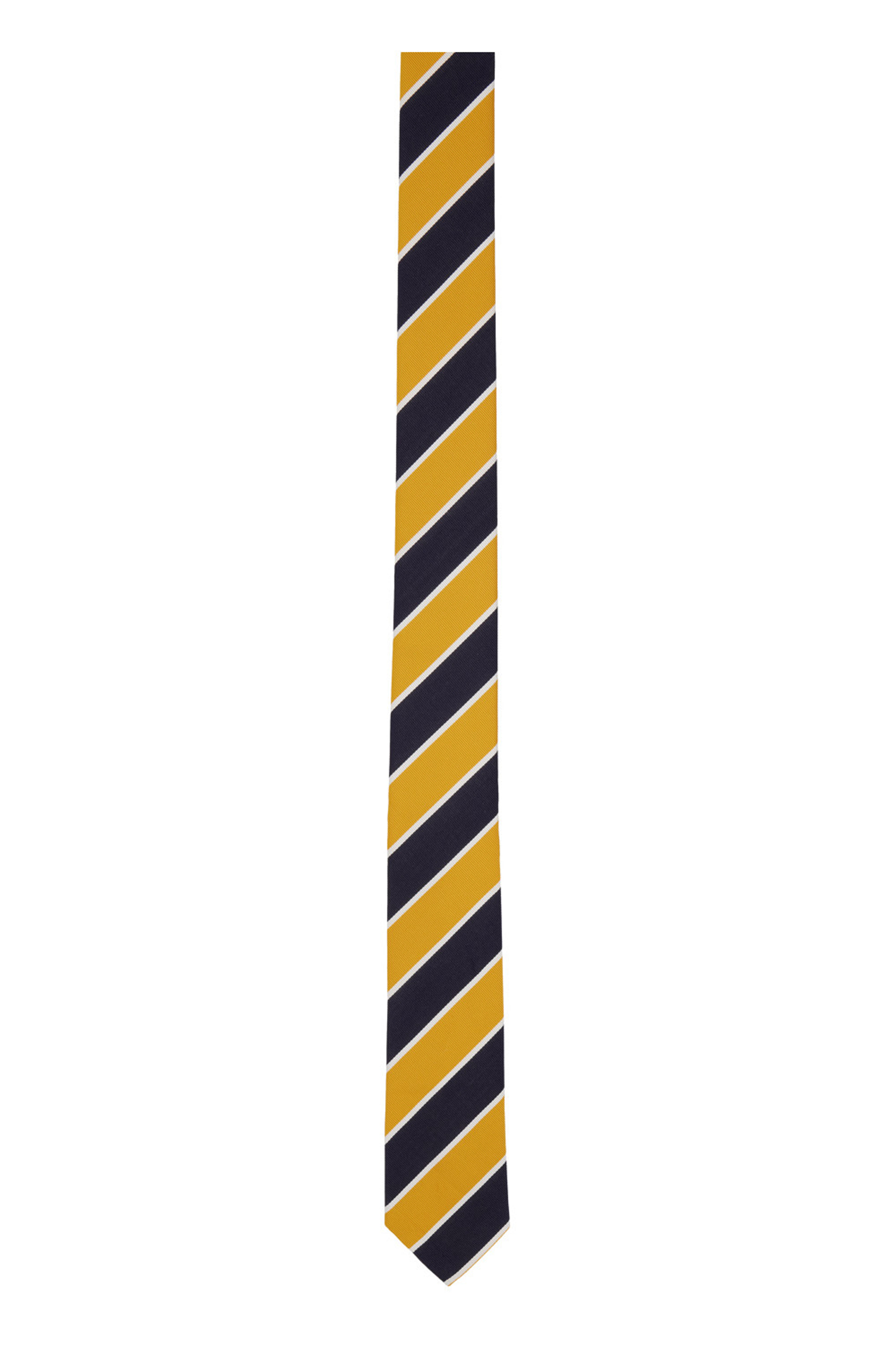 Thom Browne: Yellow & Navy Awning Stripe Classic Tie | SSENSE