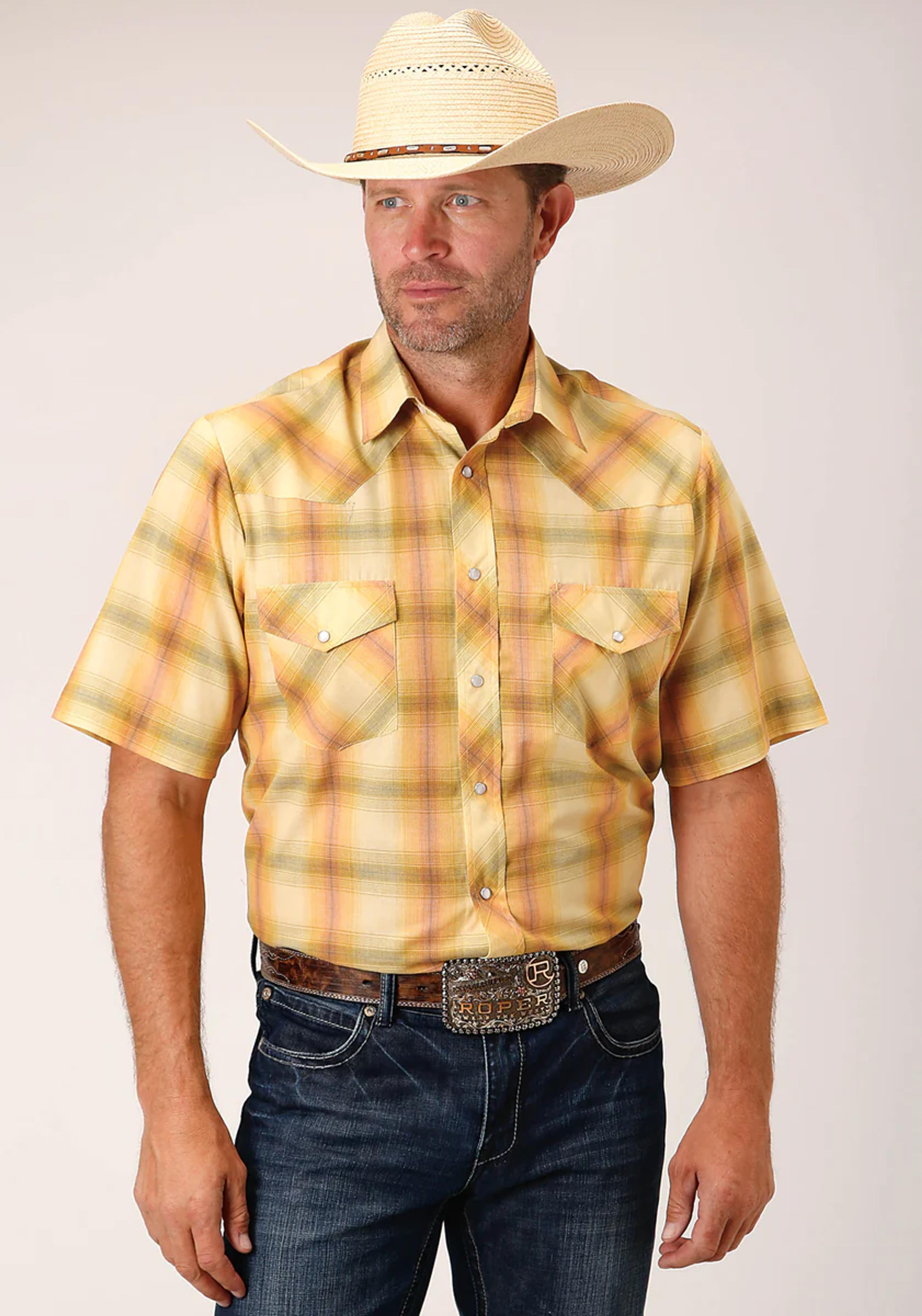 MENS SHORT SLEEVE SNAP YELLOW AND TANGERINE PLAID WESTERN SHIRT