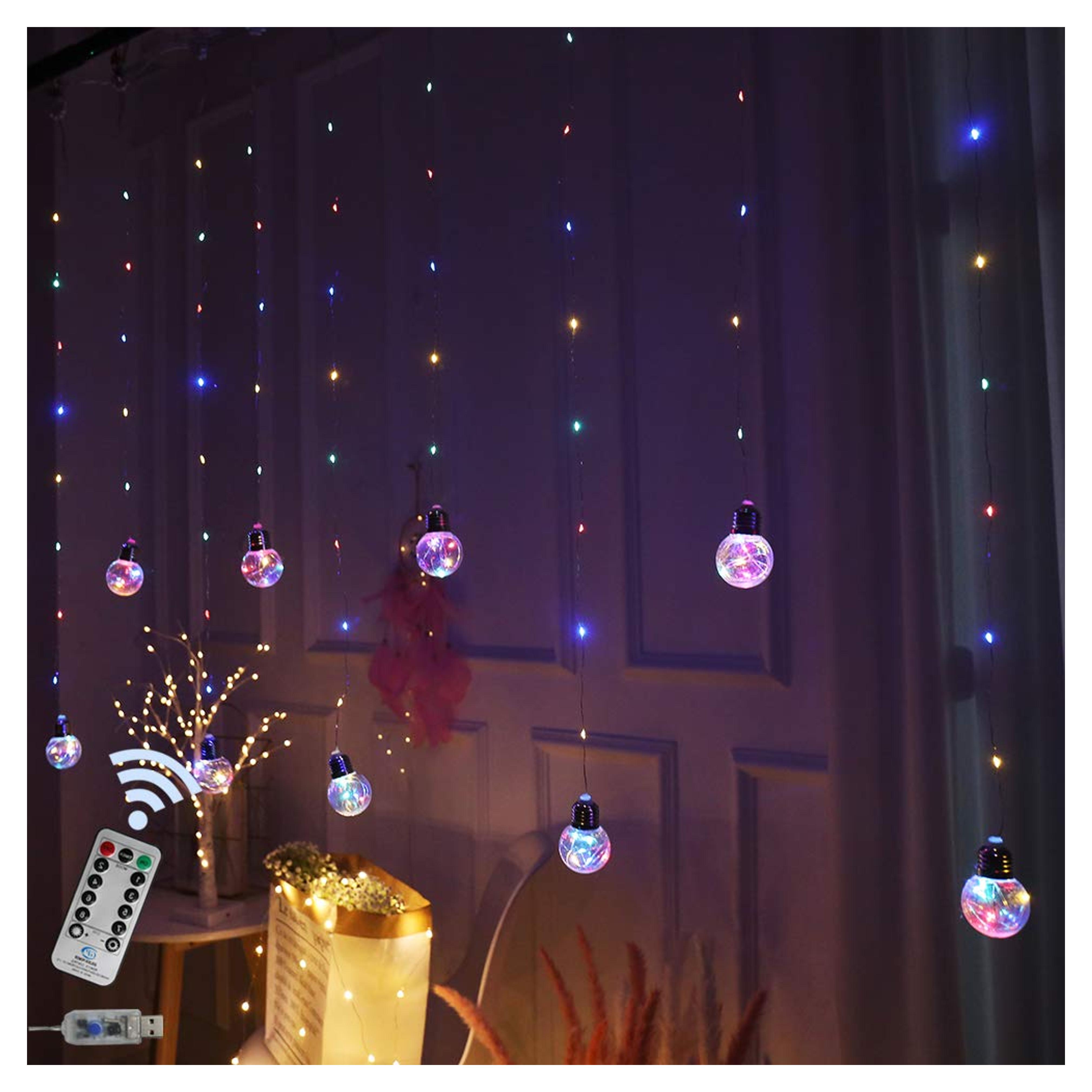 Obrecis Wishing Ball Curtain Twinkle Starry Light 8 Modes USB Remote, Led Window Curtain String Light for Wedding Party, Halloween, Christmas Decorations (Four Color)
