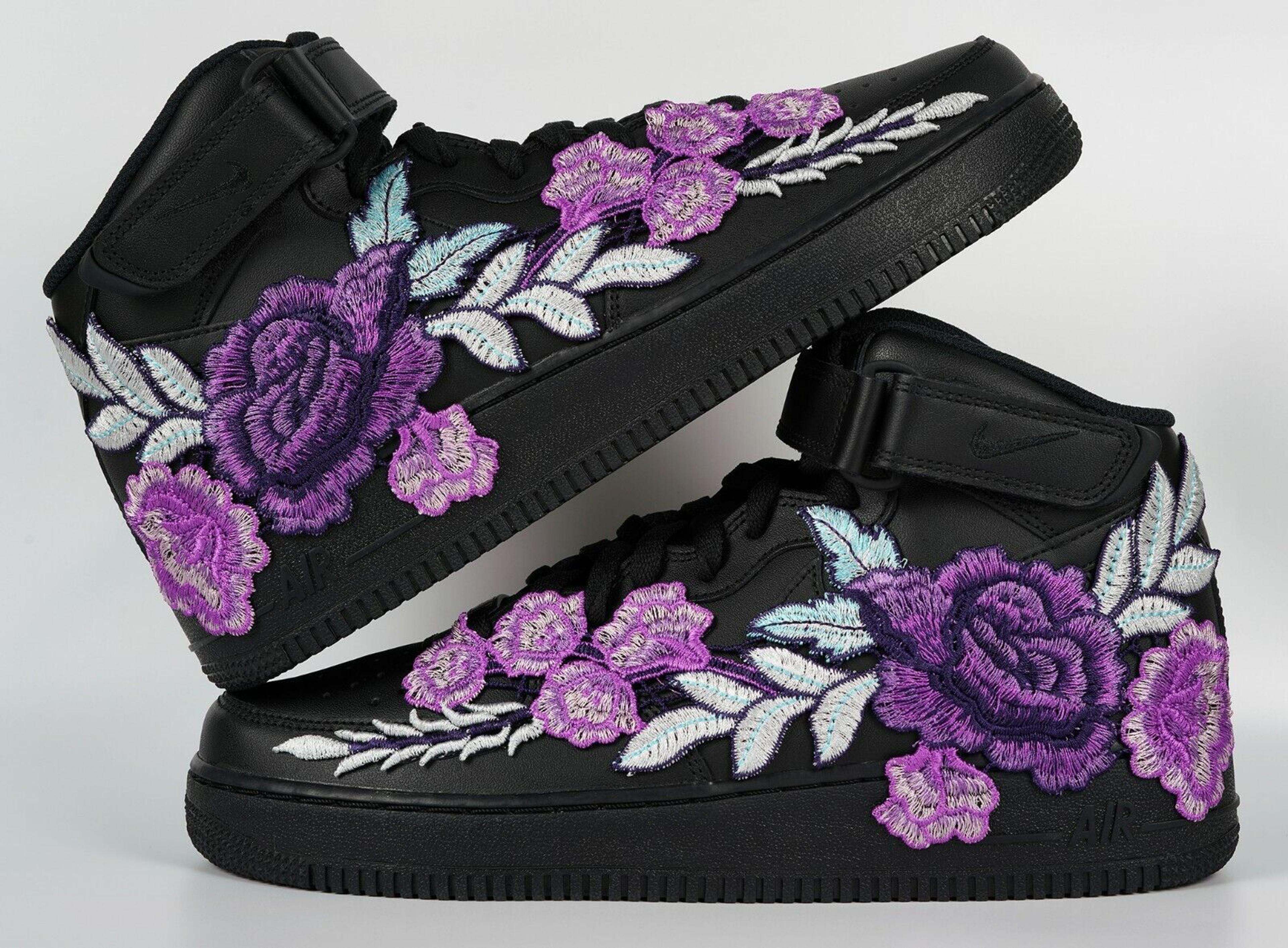 Pre-owned Nike Air Force 1 Mid Purple Rose Flower Floral Black Custom Shoes All Sizes | ModeSens