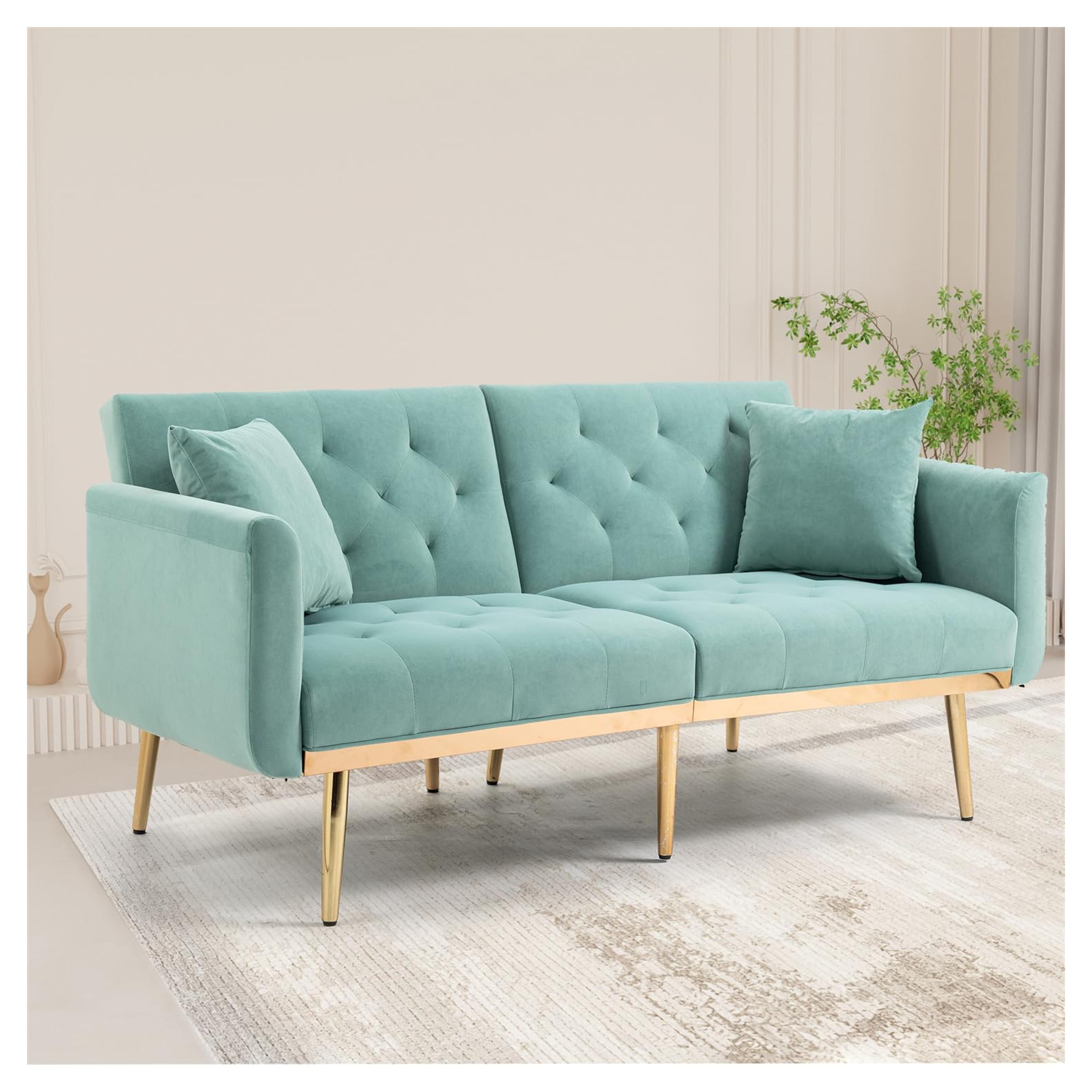 Amazon.com: Convertible Futon Sofa Bed, 65 Inch Modern Velvet Tufted Upholstered Accent Loveseat Sofa with 2 Pillows and Adjustable Backrest Folding Sleeper Sofa Bed with Metal Legs for Living Room, Mint Green : Home & Kitchen