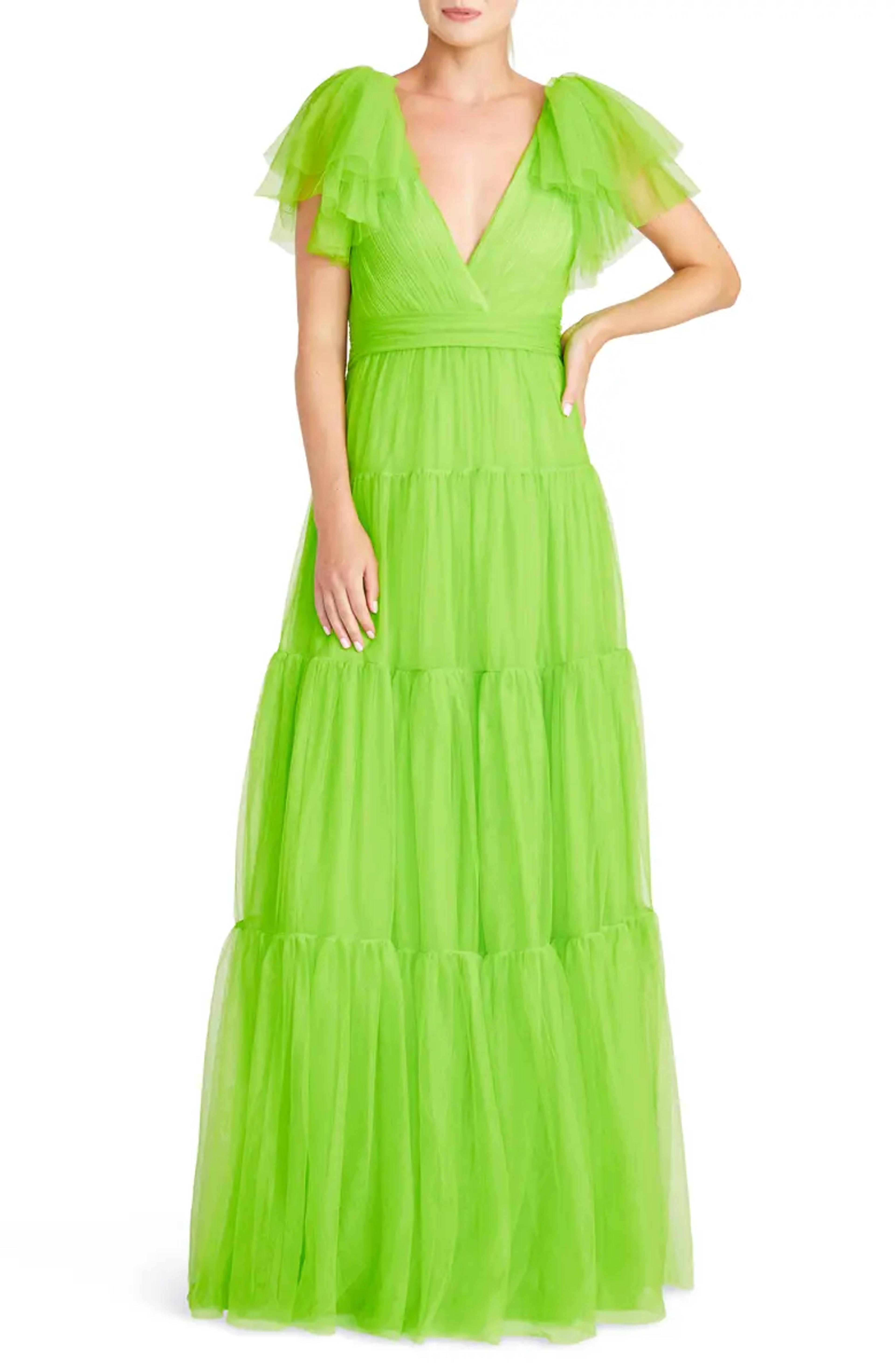 ML Monique Lhuillier Flutter Sleeve Tiered Tulle Gown | Nordstrom