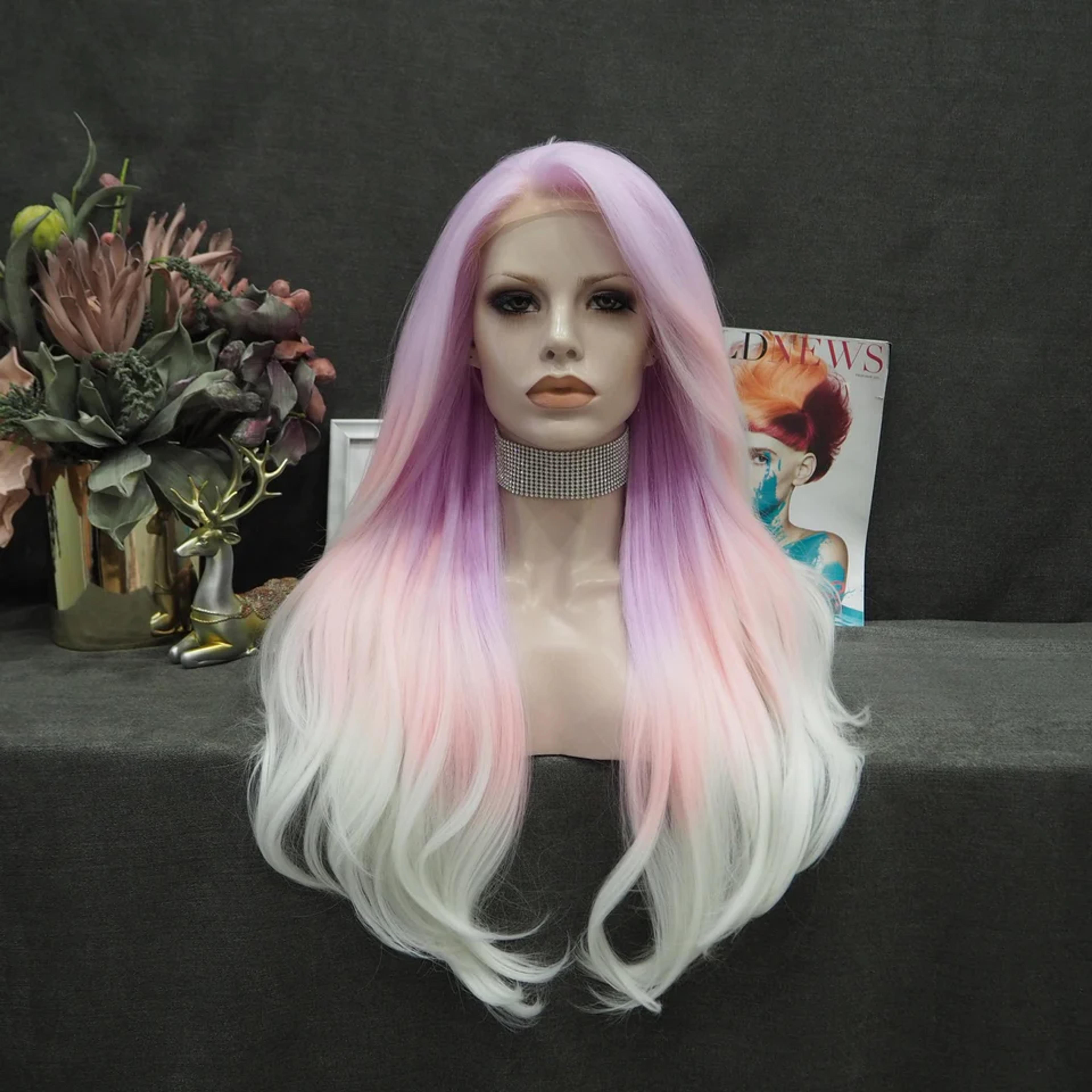 City Star - New Pastel Pink Ombre Noctilucent Long Synthetic Lace Fron | Imstyle-wigs