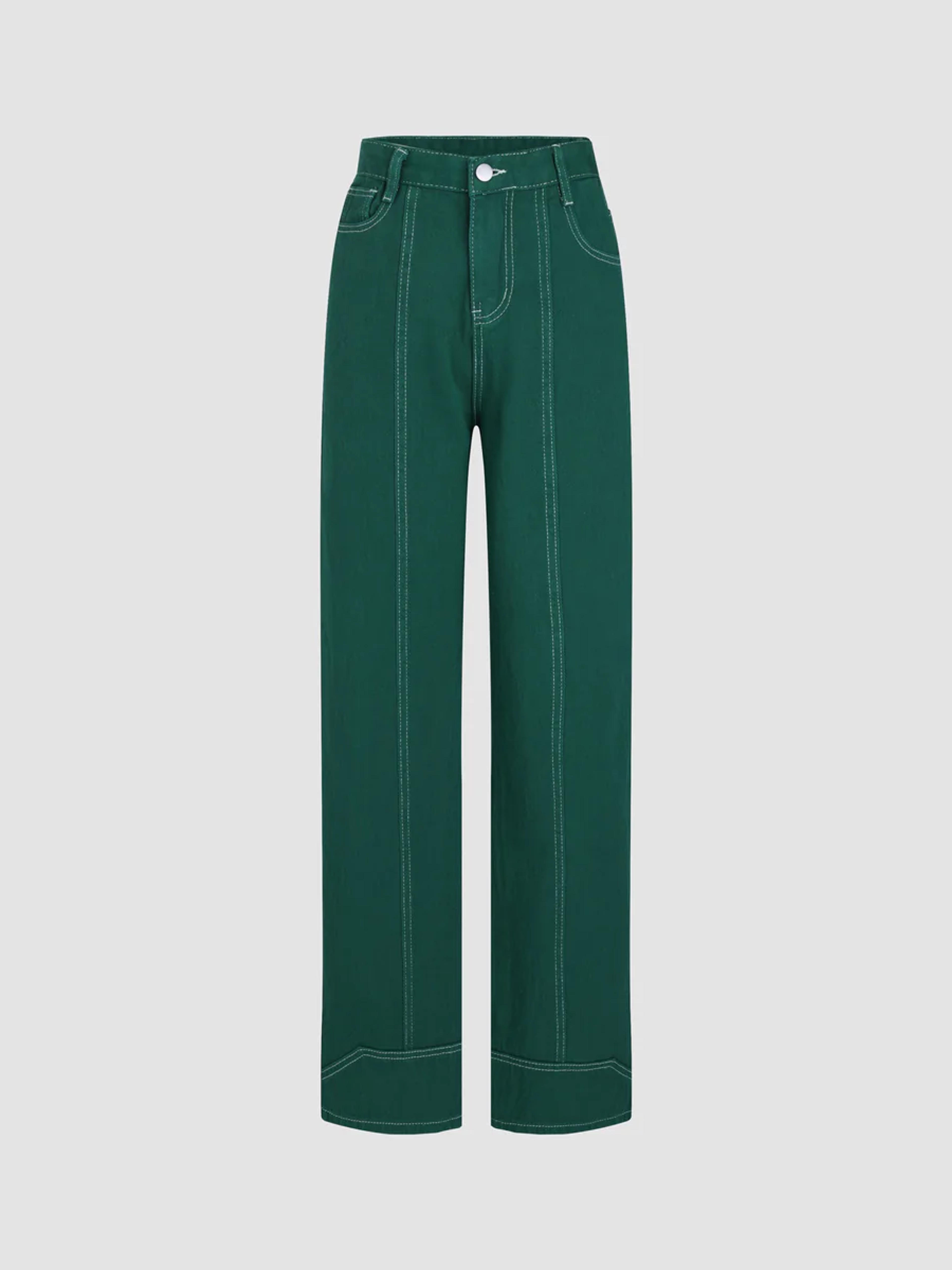 High Waist Green Straight Jeans