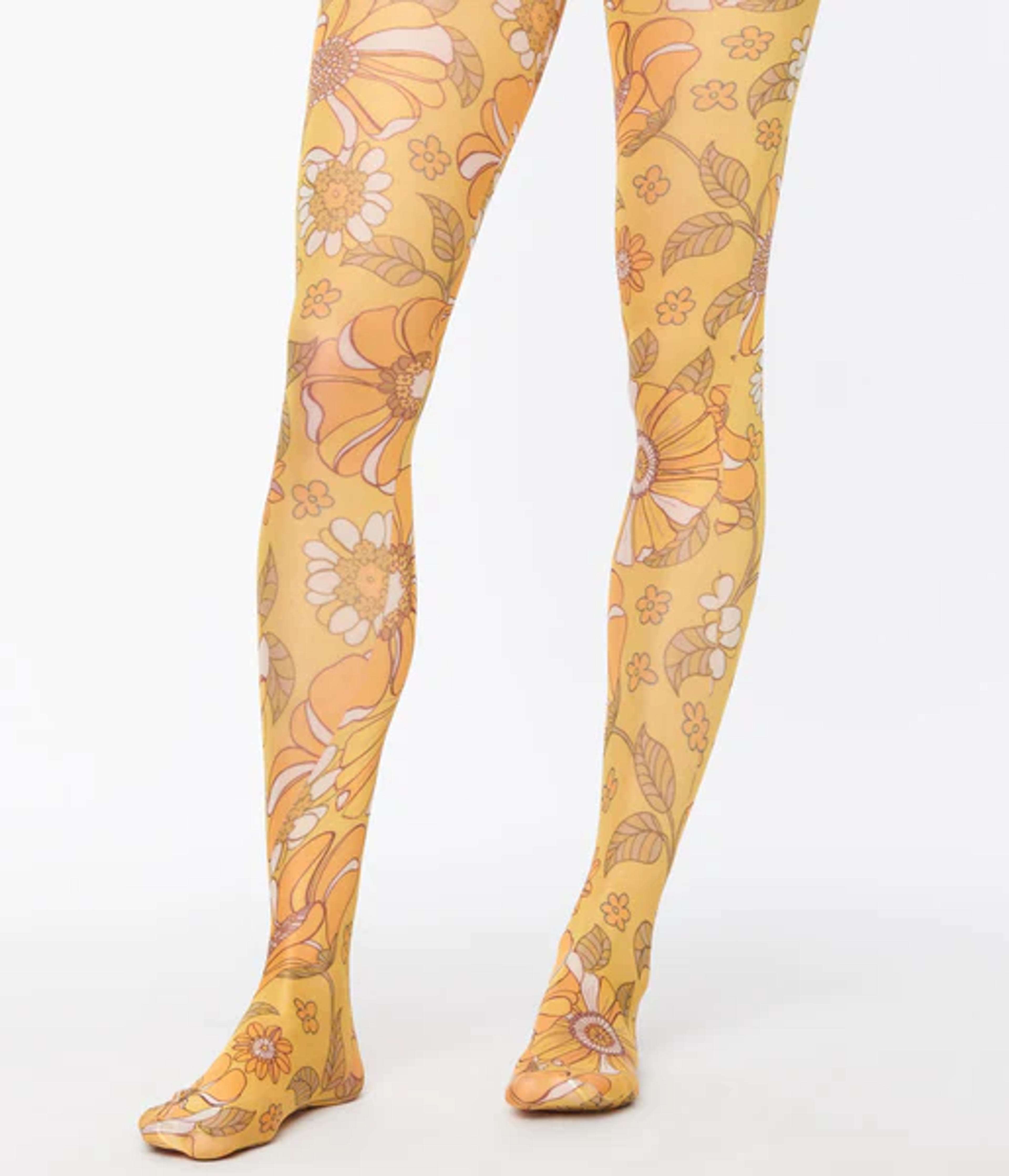 Retro Yellow Floral Print Tights – Unique Vintage