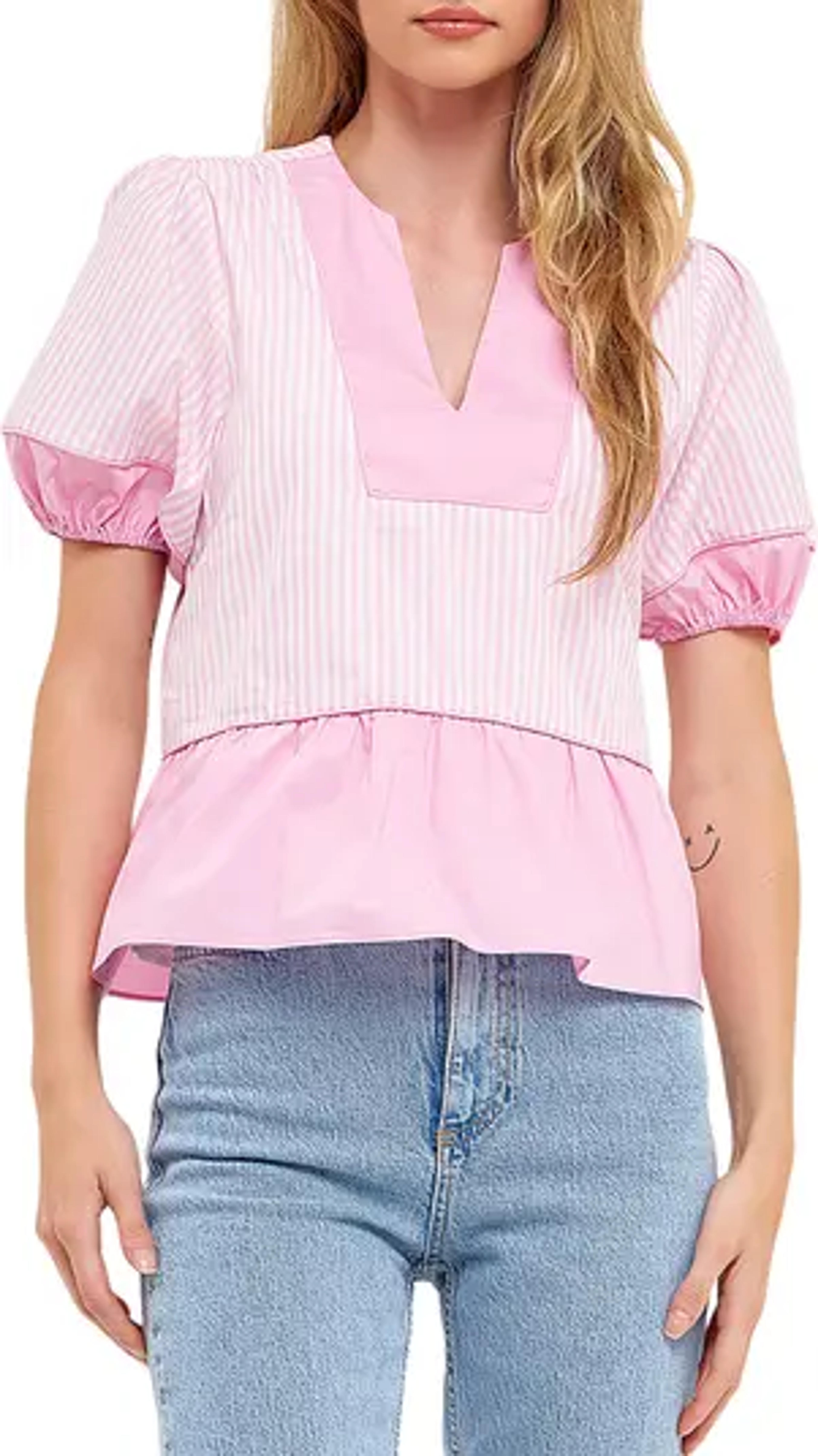 English Factory Contrast Stripe Puff Sleeve Top | Nordstrom