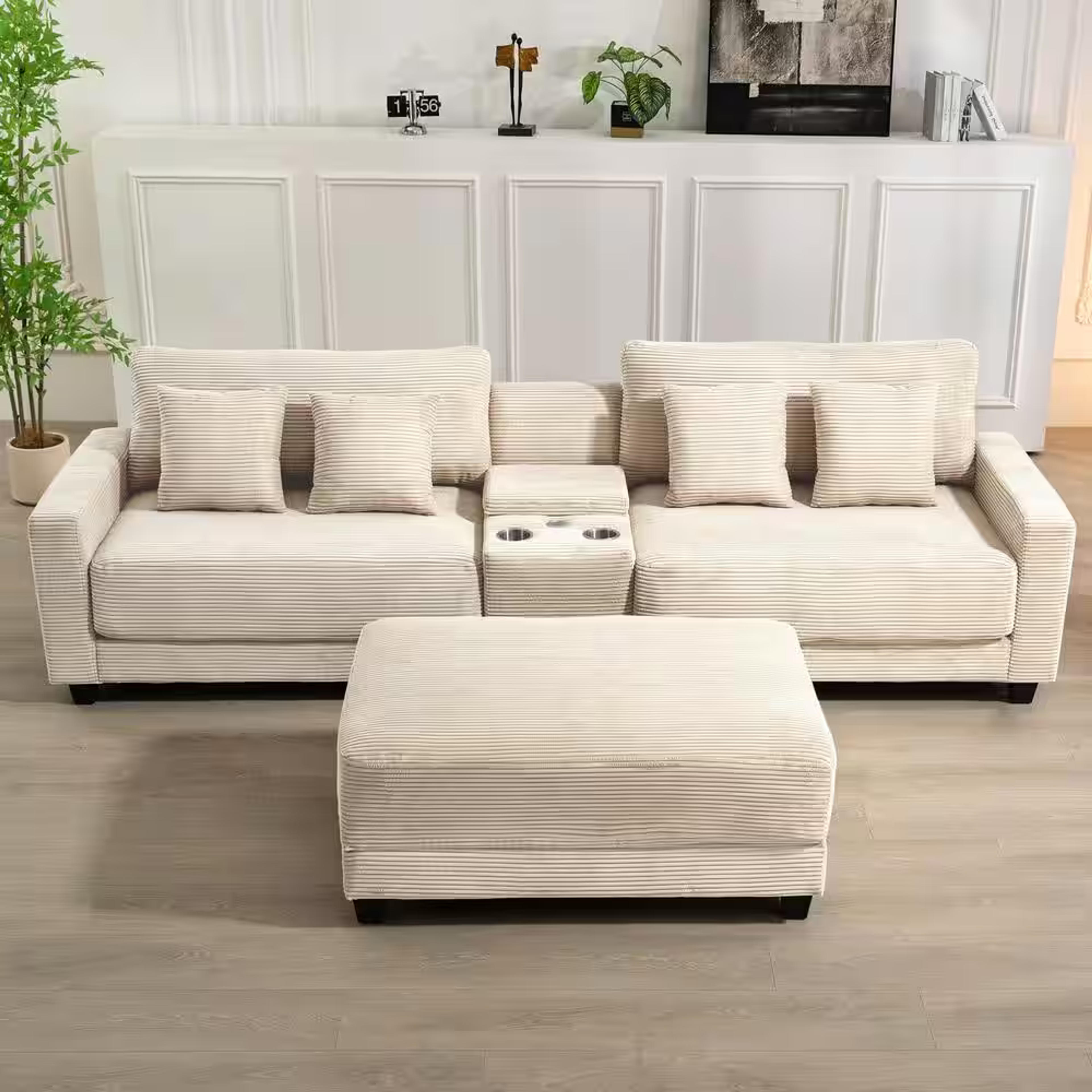 JEAREY Laibai 111.81 in. Square Arm Velvet Modular 3-Piece Modern Sofa with Cup Holder and Ottoman in Beige DXRABC-Beige - The Home Depot