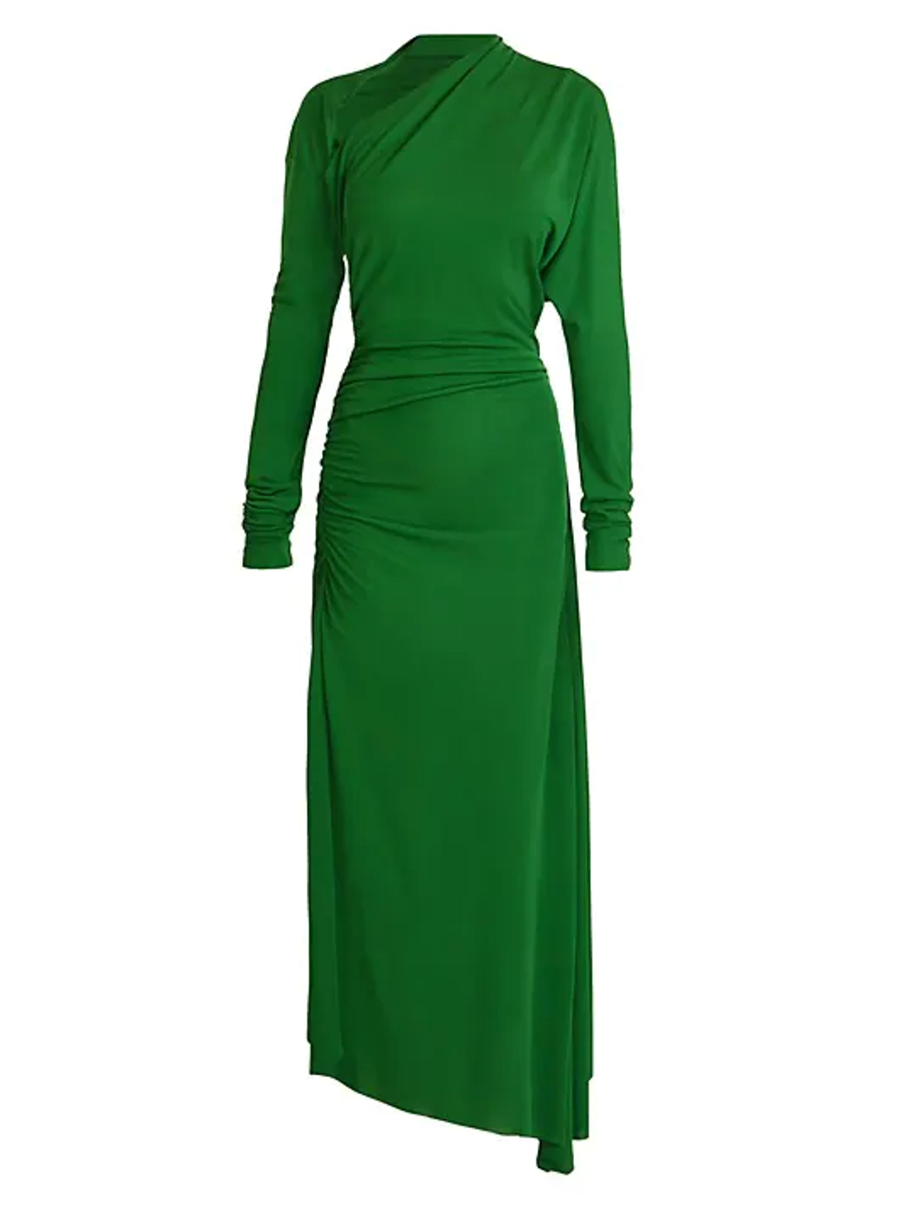 Shop Victoria Beckham Slash-Neck Ruched Midi-Dress | Saks Fifth Avenue