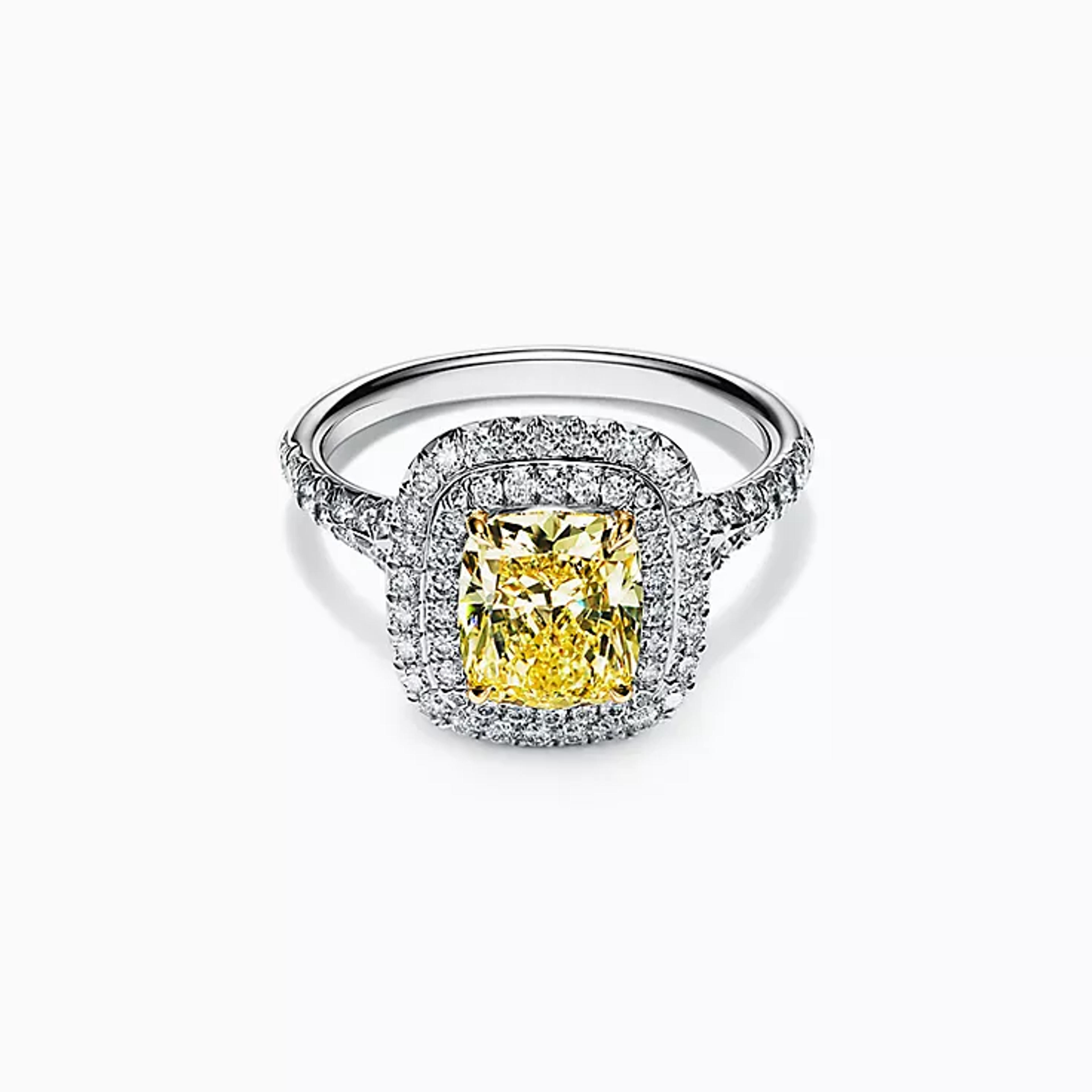 Tiffany Soleste® cushion-cut yellow diamond halo engagement ring in platinum. | Tiffany & Co.