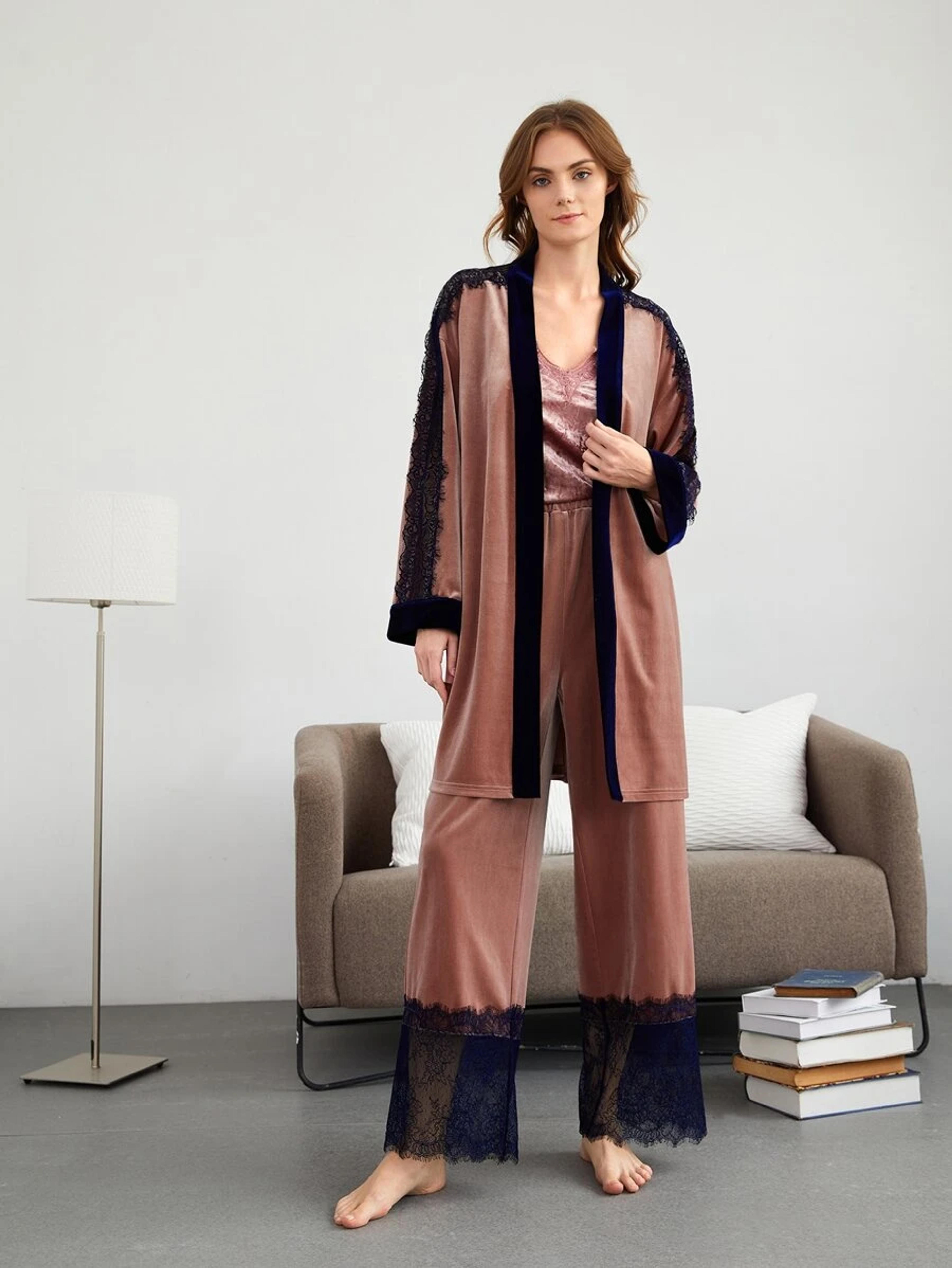 SHEIN Velvet Eyelash Lace Belted Robe | SHEIN USA