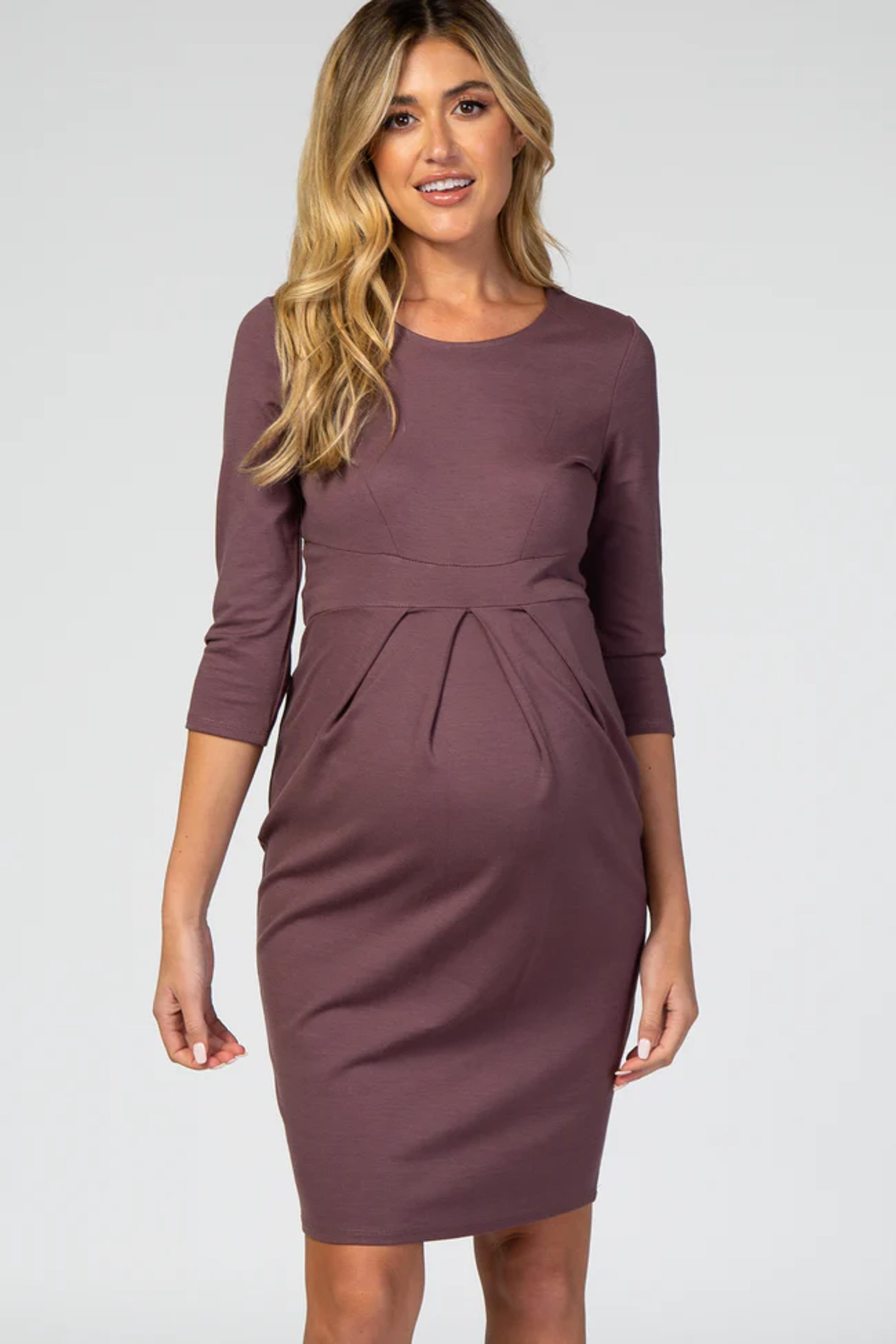 Purple 3/4 Sleeves Front Pleated Maternity Dress – PinkBlush