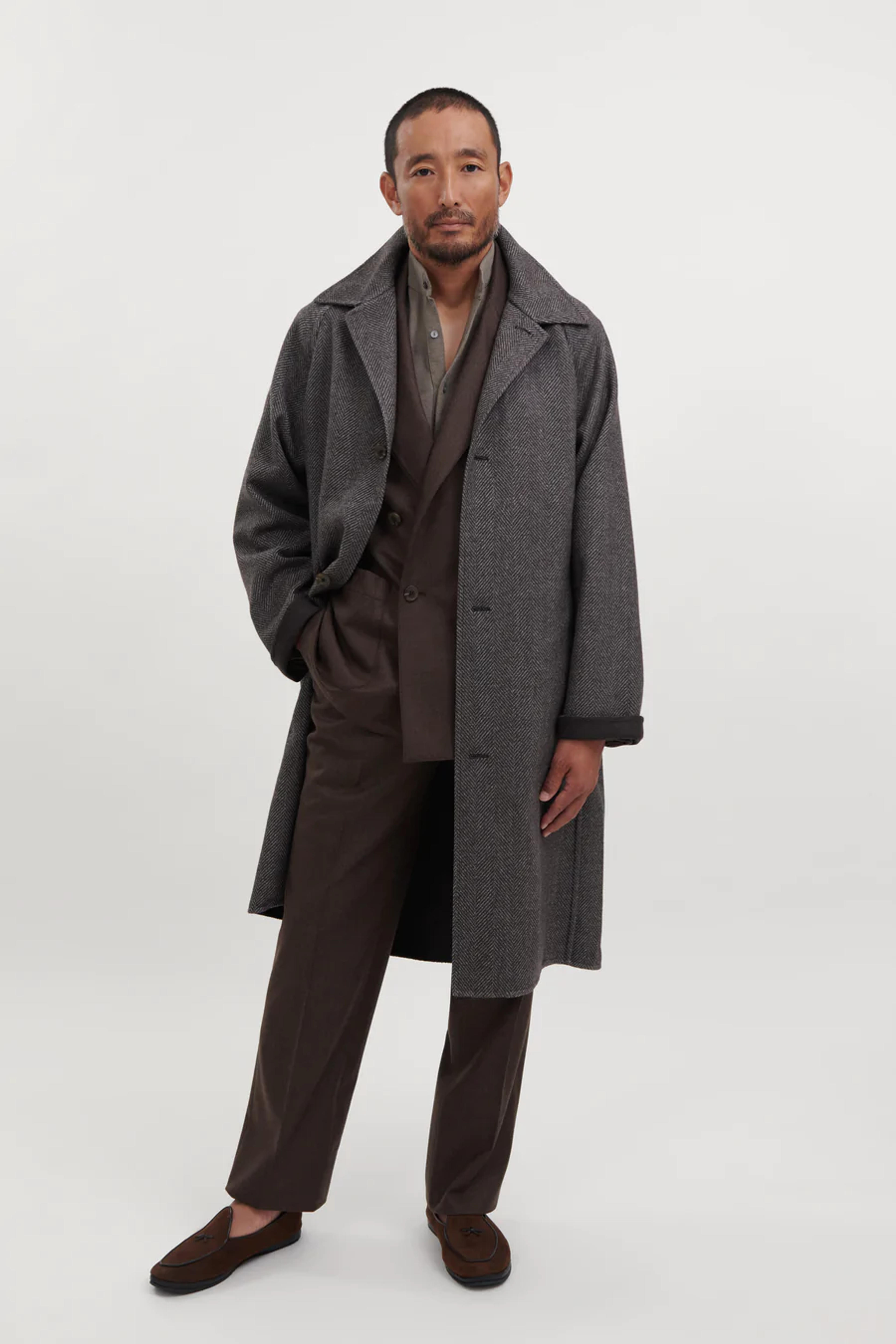 Split Seam Raglan Coat (Walnut Herringbone Double Sided Merino Wool) - Stoffa