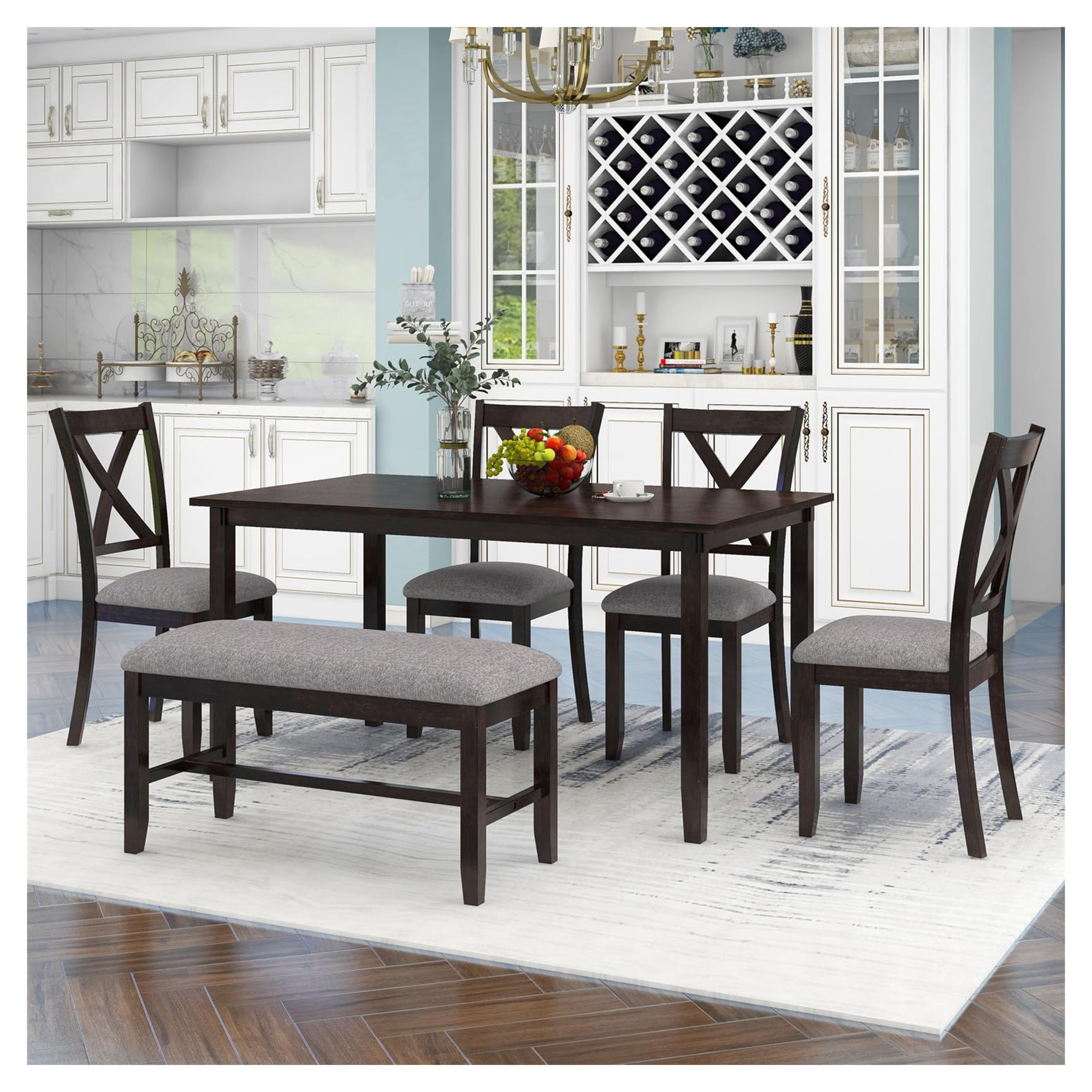 Amazon.com - Harper & Bright Designs 6 Piece Wooden Dining Table Set with Upholstered Bench and 4 Dining Chairs, Kitchen Table Set Family Furniture for 6 People (Dark Espresso) - Table & Chair Sets