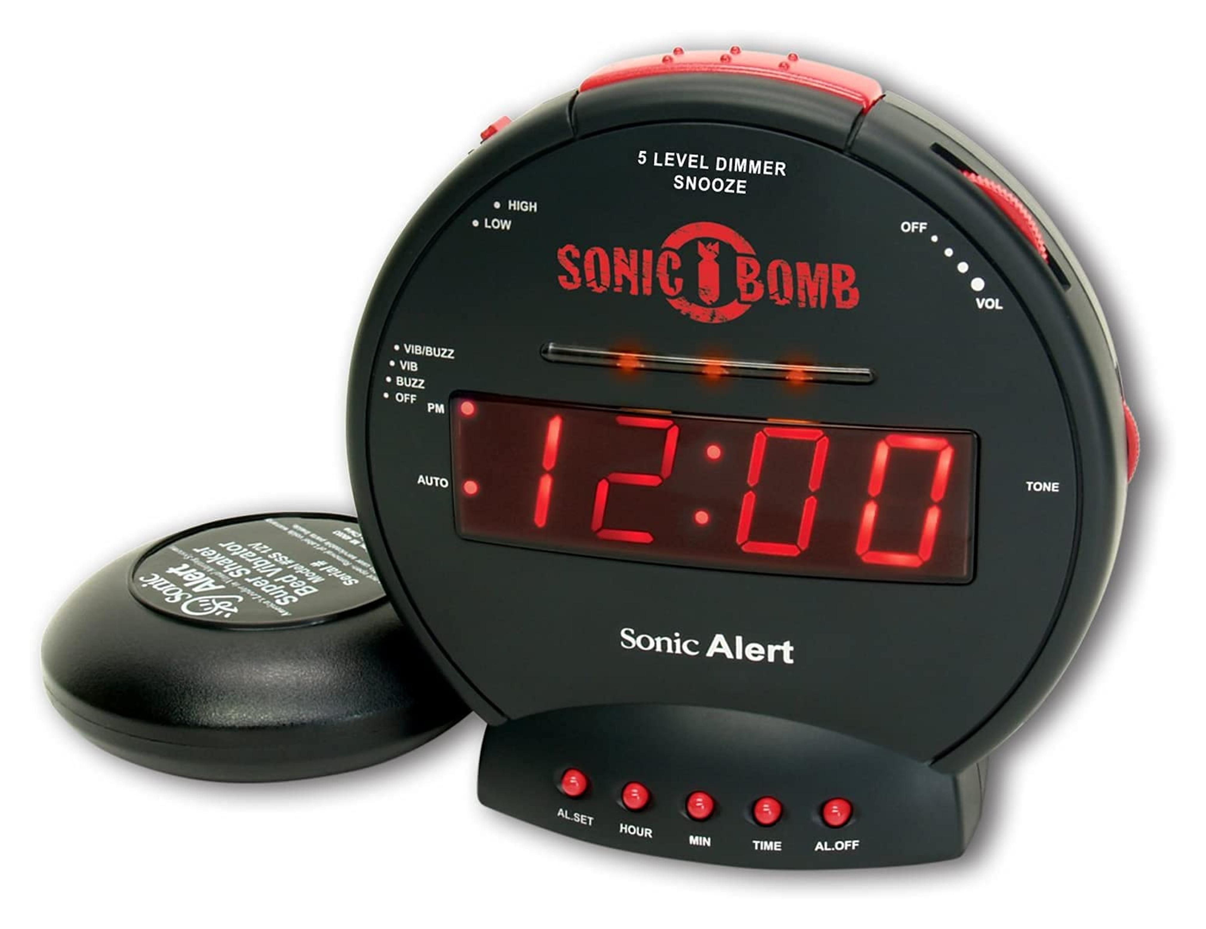 Sonic Bomb Dual Extra Loud Alarm Clock with Bed Shaker, Black • Sonic Alert Vibrating, Heavy Sleepers, Battery Backup • Wake with a Shake