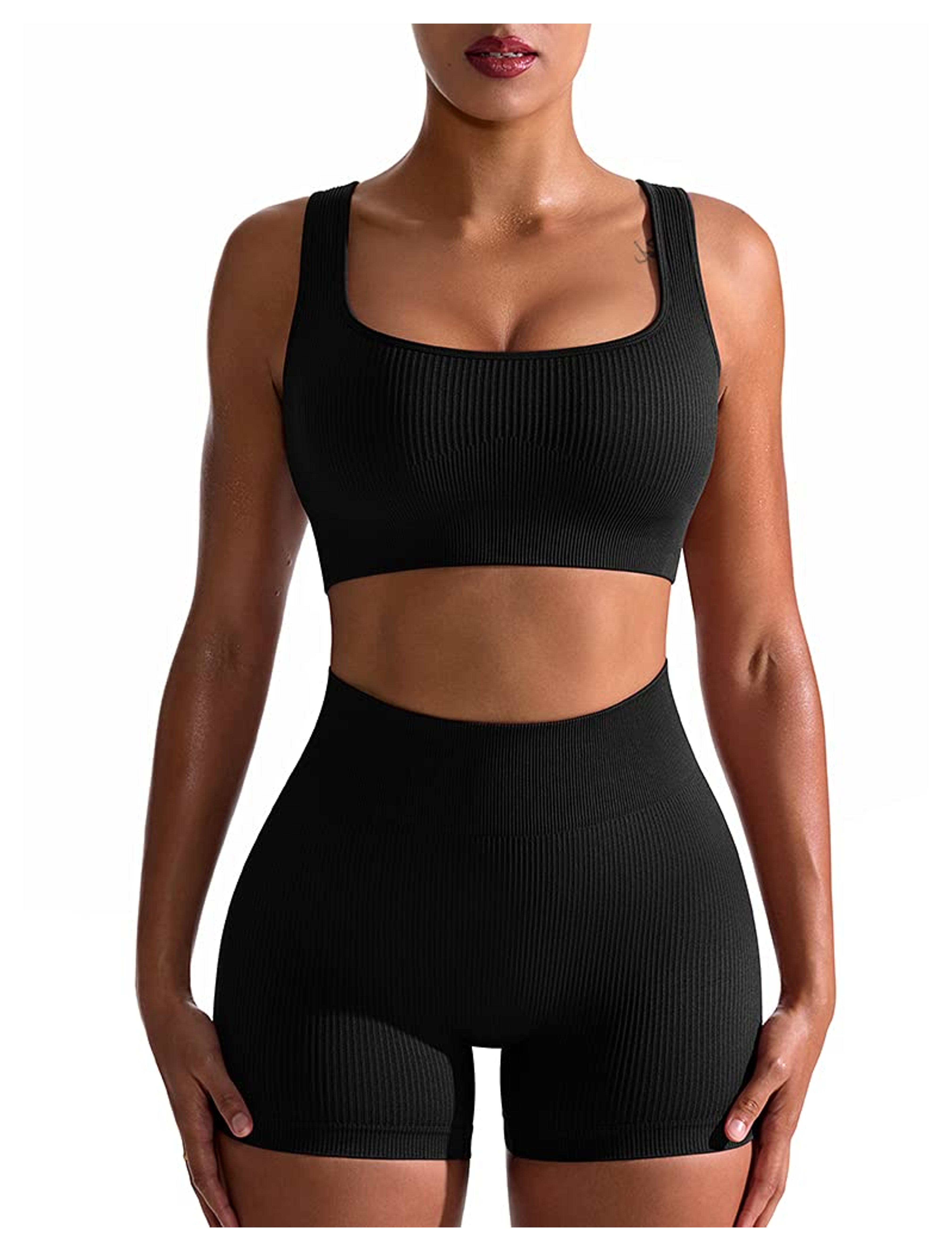 OQQ Workout Outfits for Women 2 Piece Seamless Ribbed High Waist Leggings with Sports Bra Exercise Set Black