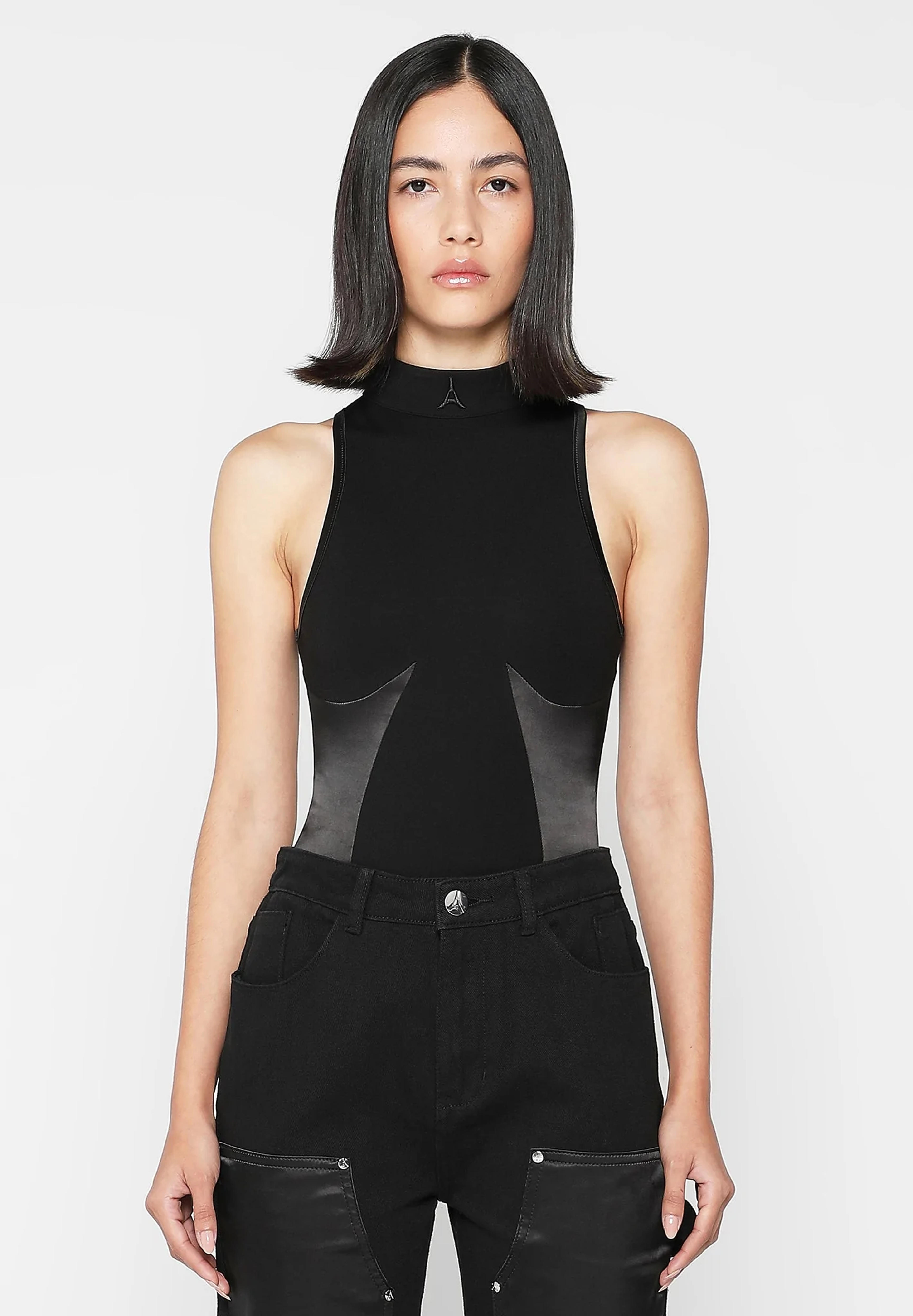 High Neck Racer Bodysuit with Satin Panels - Black - EU 34 / Black / WMN3317-01