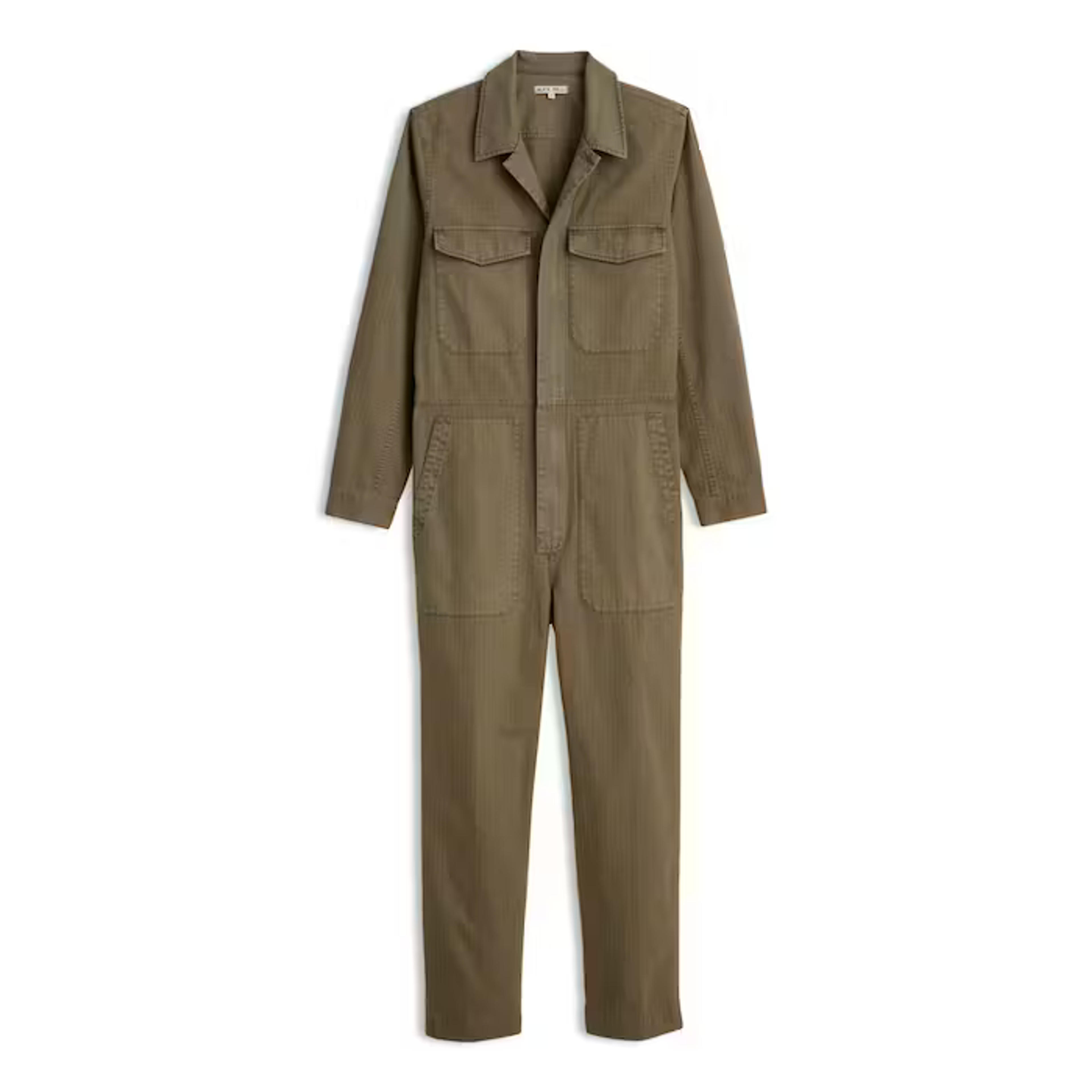 Alex Mill Recycled Herringbone Cotton Jumpsuit - Faded Olive | Casual Pants | Huckberry