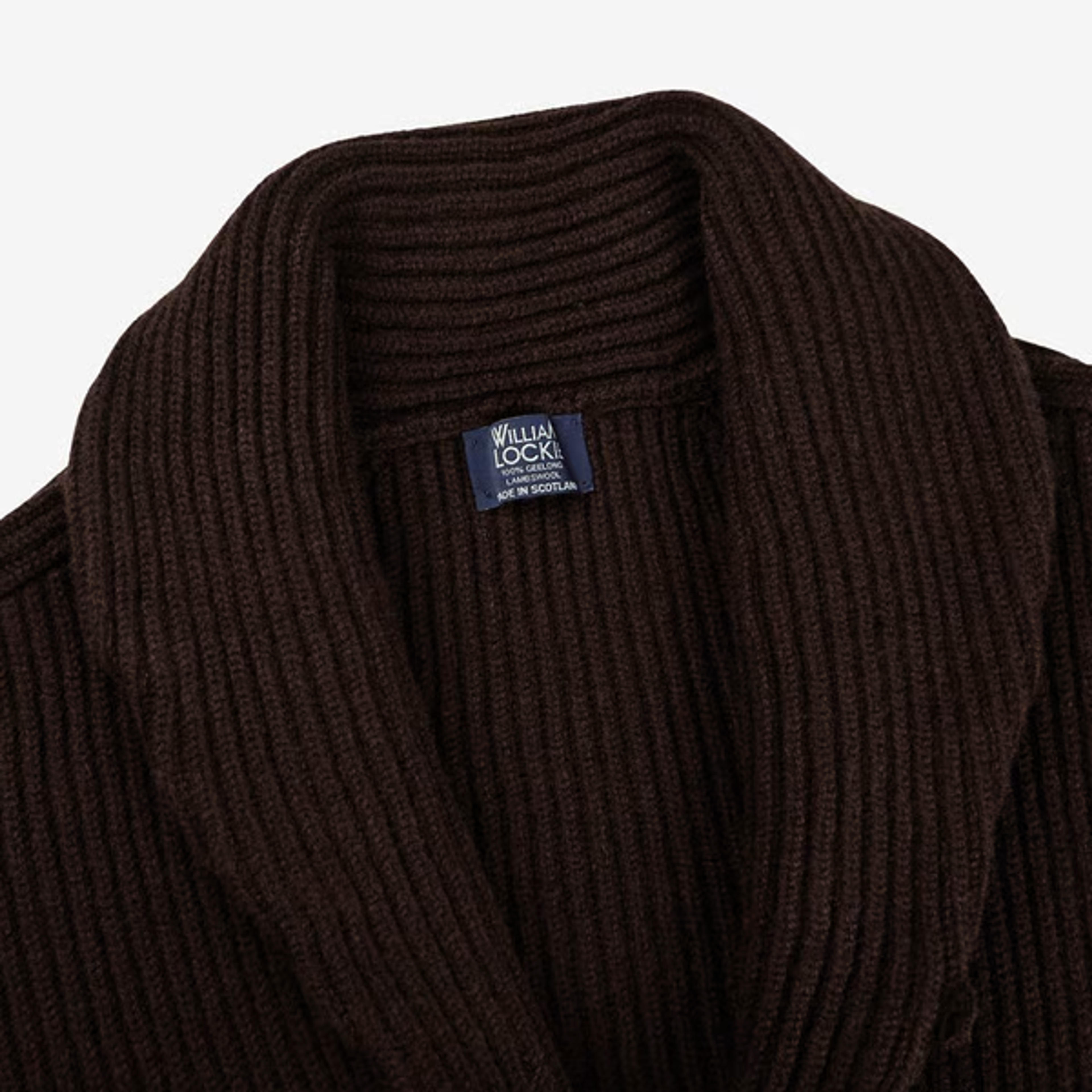 William Lockie - Ebony Brown Lambswool Shawl Collar Cardigan | Baltzar