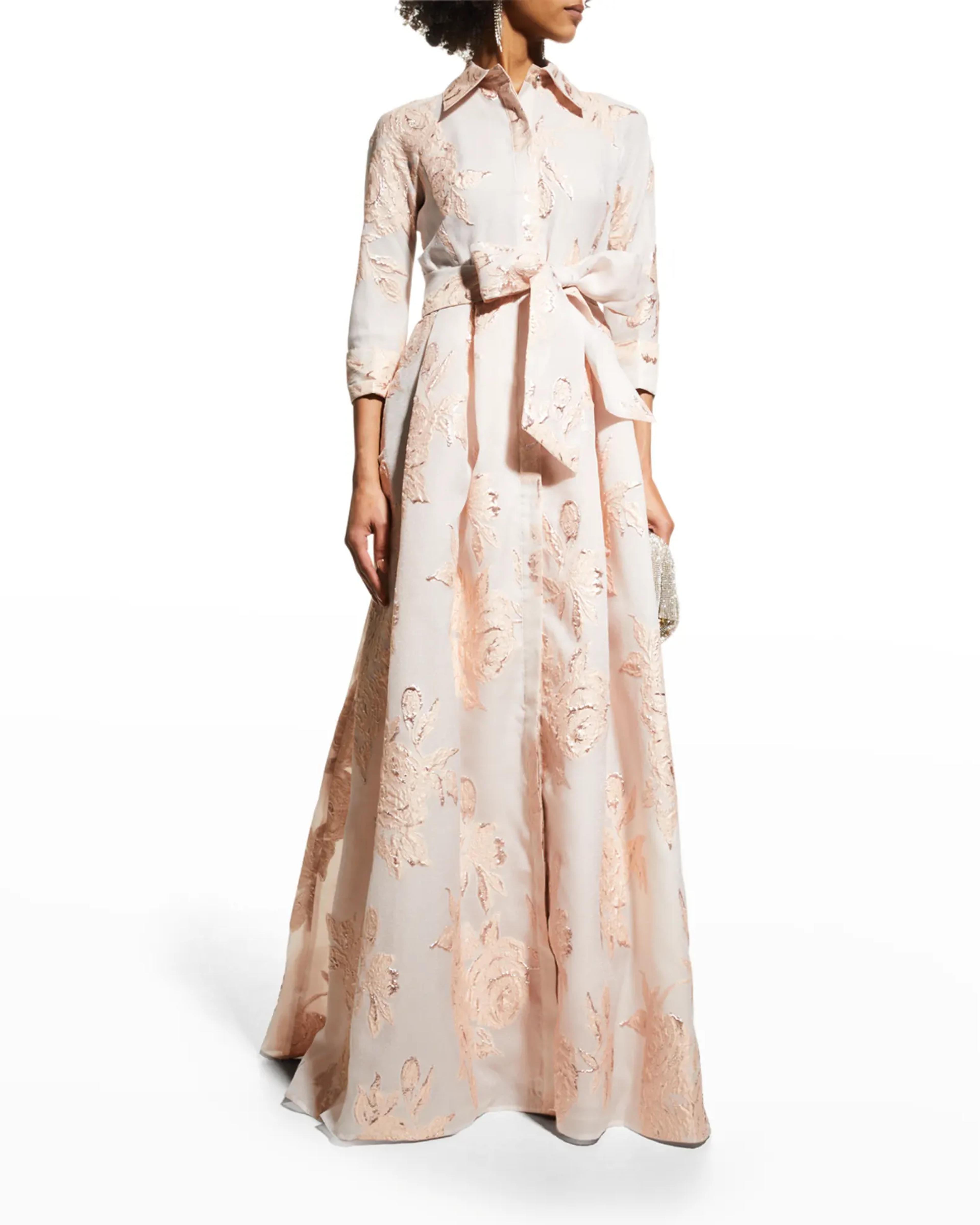 Rickie Freeman for Teri Jon Belted Jacquard Shirtdress Gown | Neiman Marcus