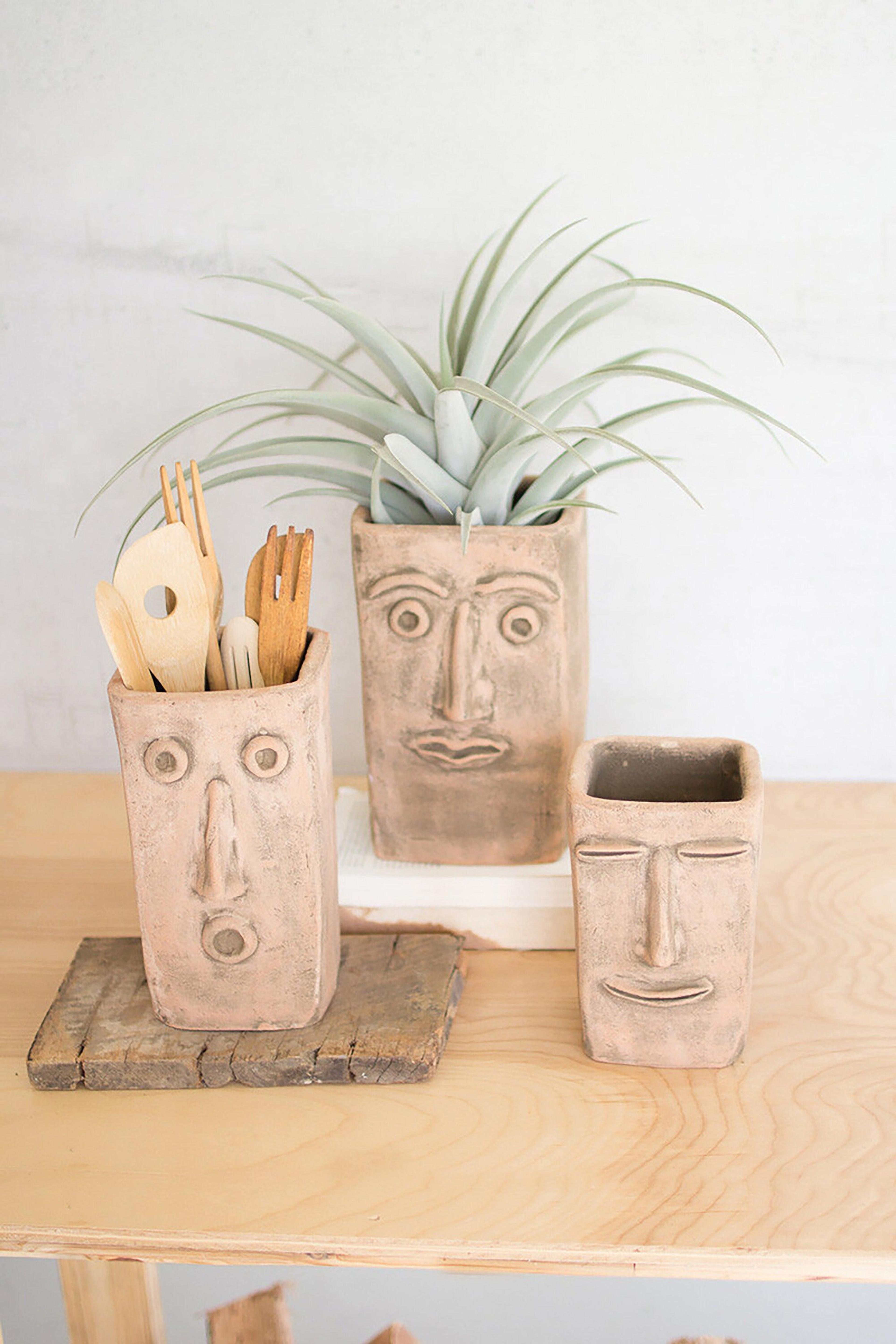 Set of Three Square Clay Face Planters