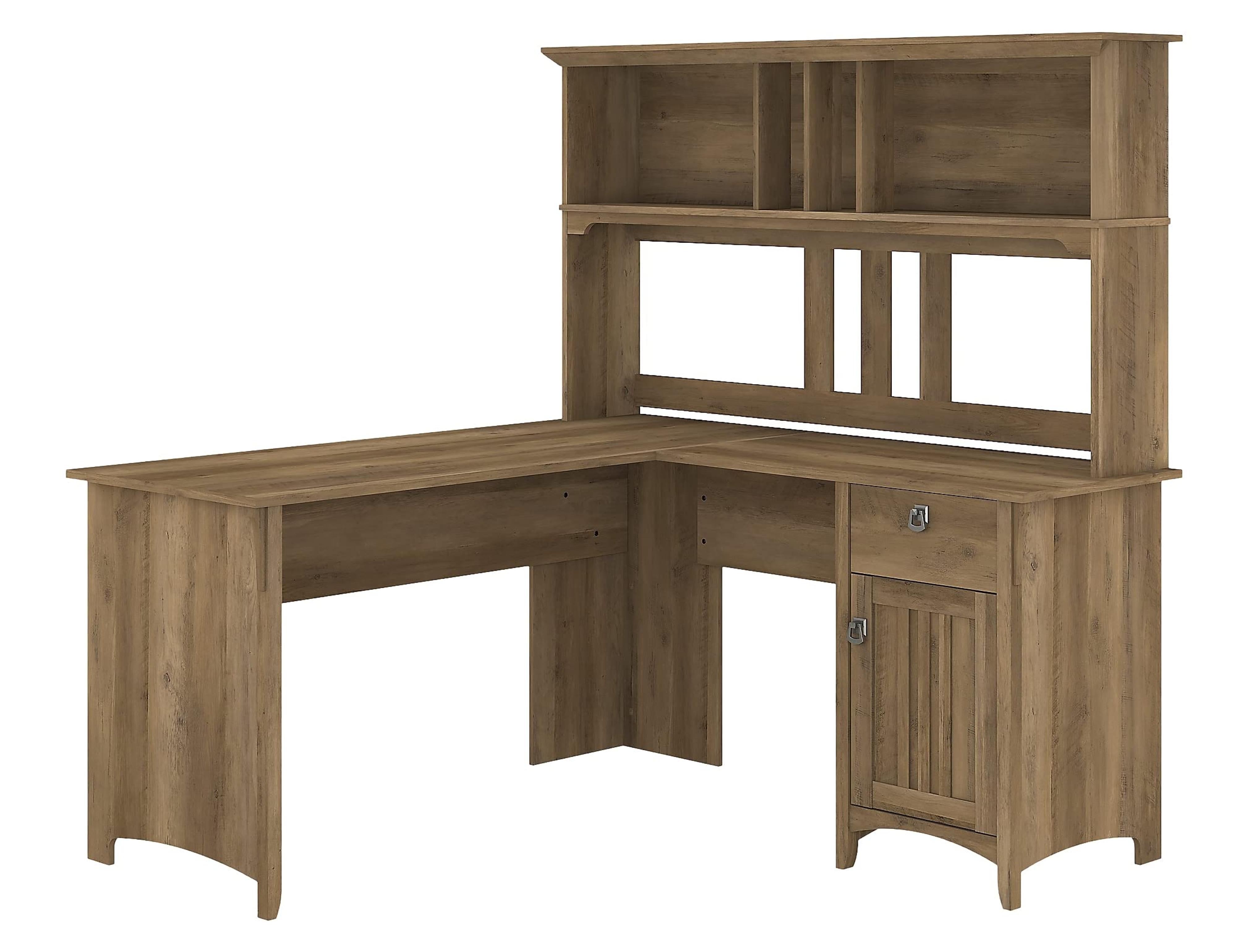 Bush Furniture Salinas L Shaped Desk with Hutch | Corner Table with Drawers and Storage for Home Office, 60W, Reclaimed Pine