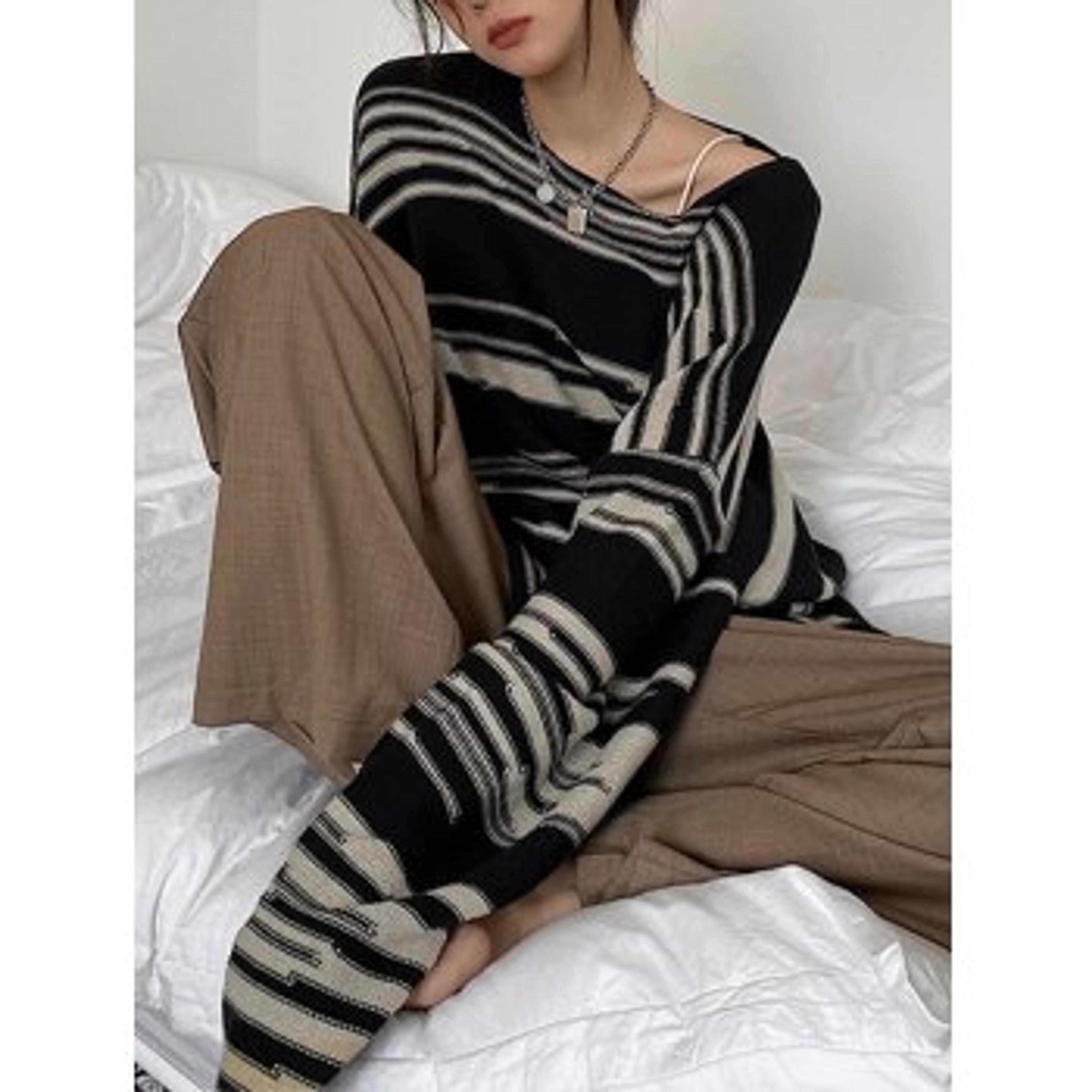 2022 Oversized Stripe Jumper Knit Sweater Black ONE SIZE In Sweaters Online Store. Best For Sale | Emmiol.com