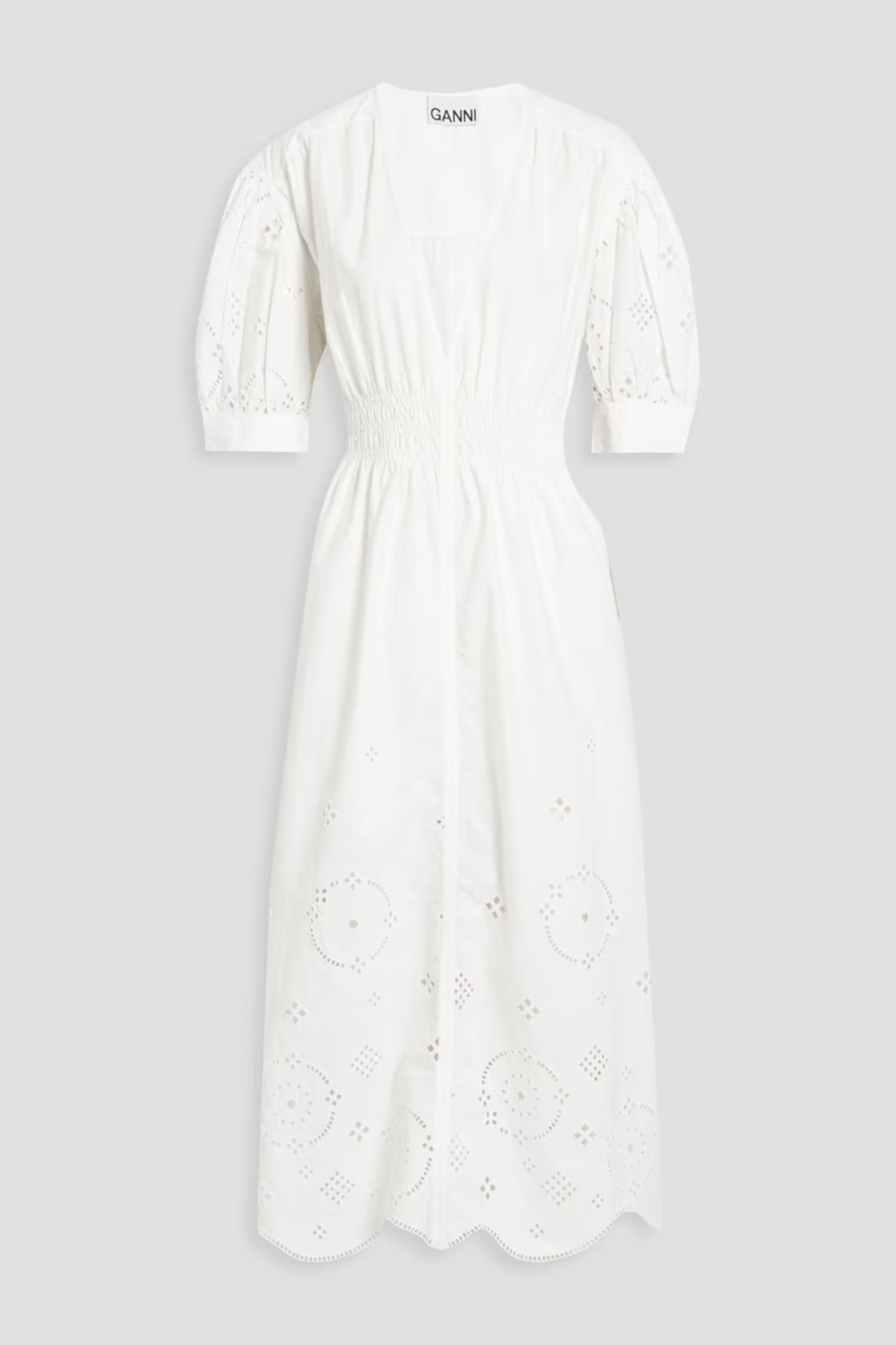 White Shirred organic broderie anglaise cotton midi dress | Sale up to 70% off | THE OUTNET | GANNI | THE OUTNET