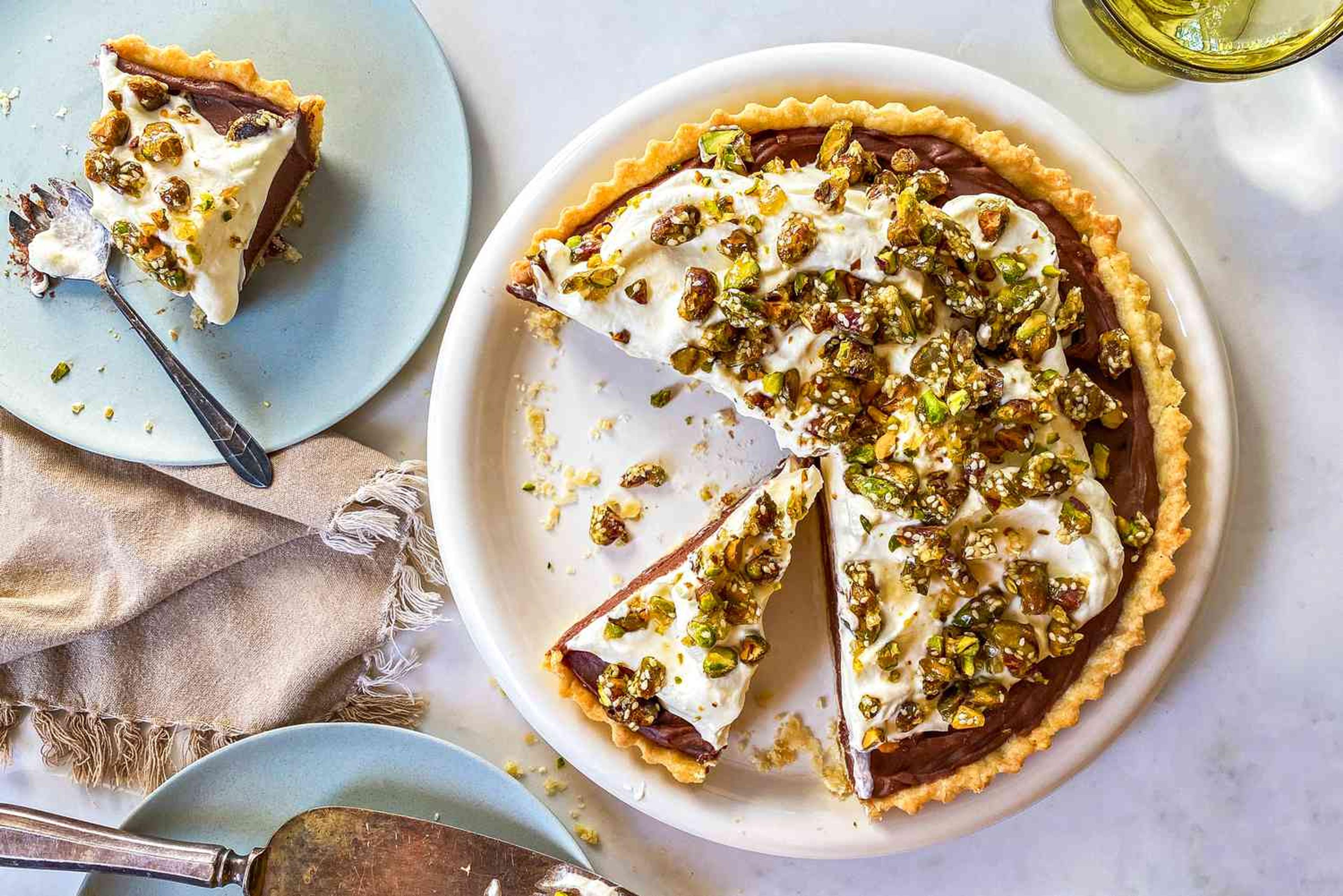 Chocolate Cardamom Cream Tart with Pistachio-Sesame Brittle