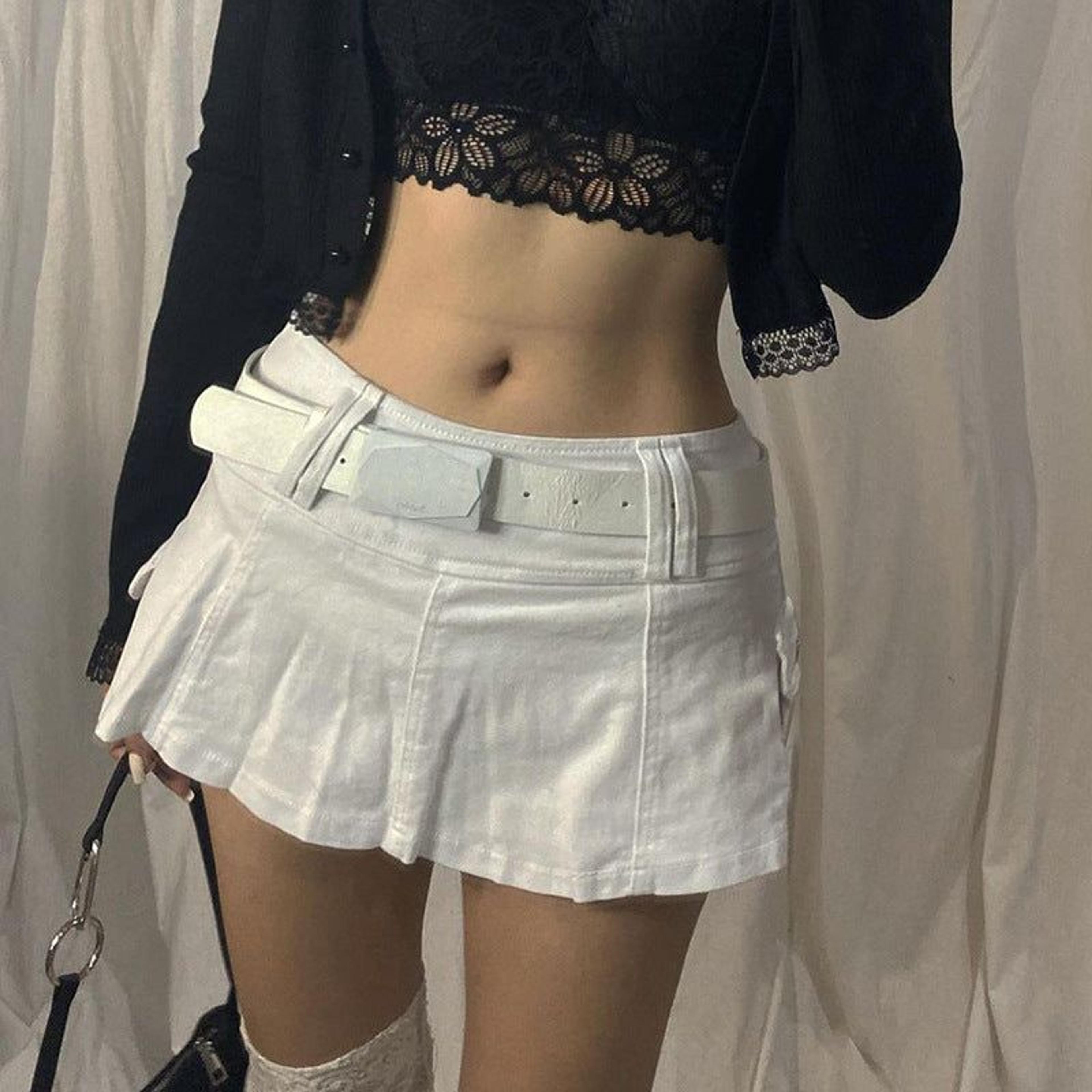 Harajuku Y2k Denim Skirt Women Dark Gothic Streetwear Mini Skirt with Skull Belt Mall Goth Punk Grunge Sexy Emo Clubwear - White / M