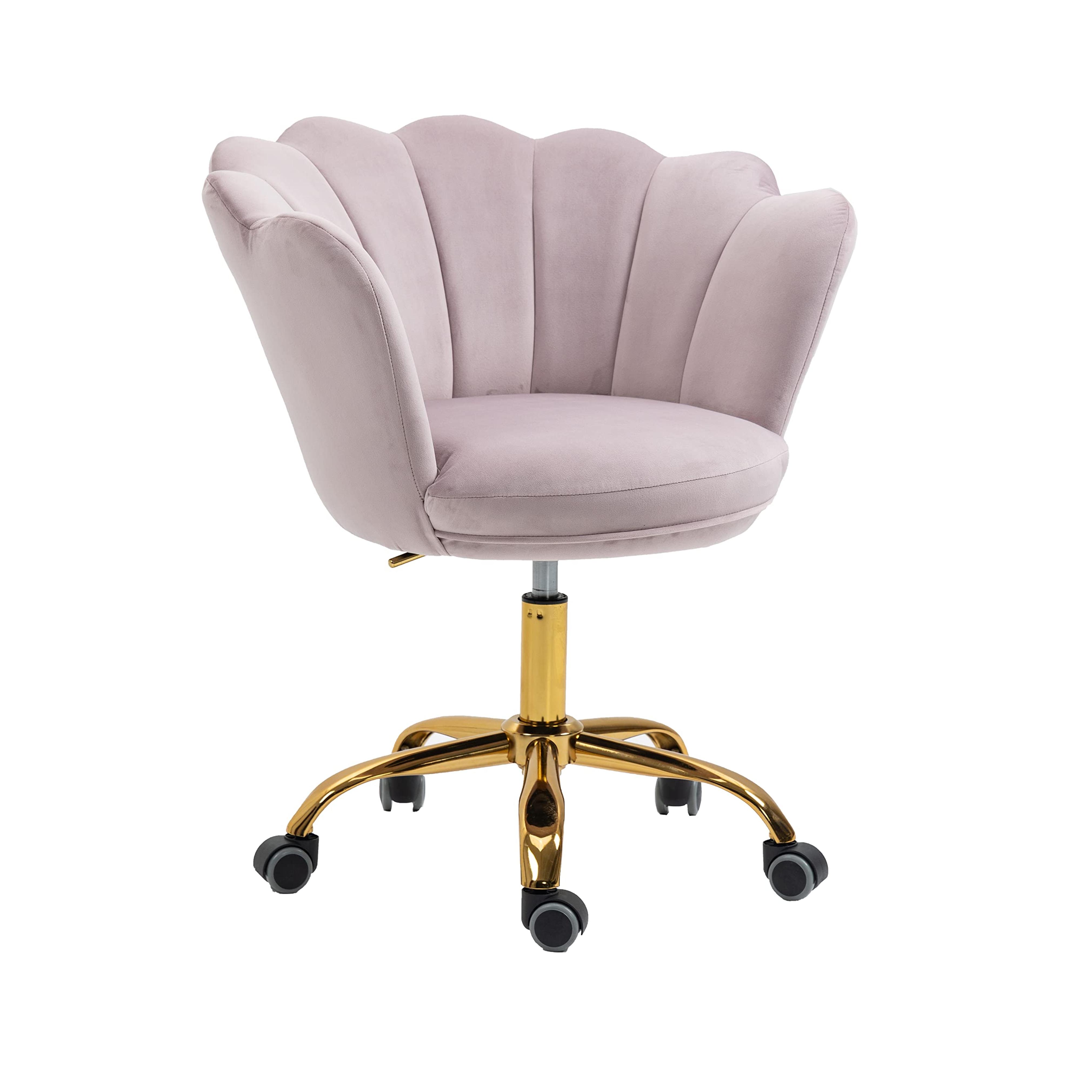 ZOBIDO Comfy Home Office Task Chair with Wheels, Cute Modern Upholstered Velvet Seashell Back Adjustable Swivel Vanity Desk Chair, for Women, for Kids, for Girls, Living Room, Bedroom（Lilac Purple）