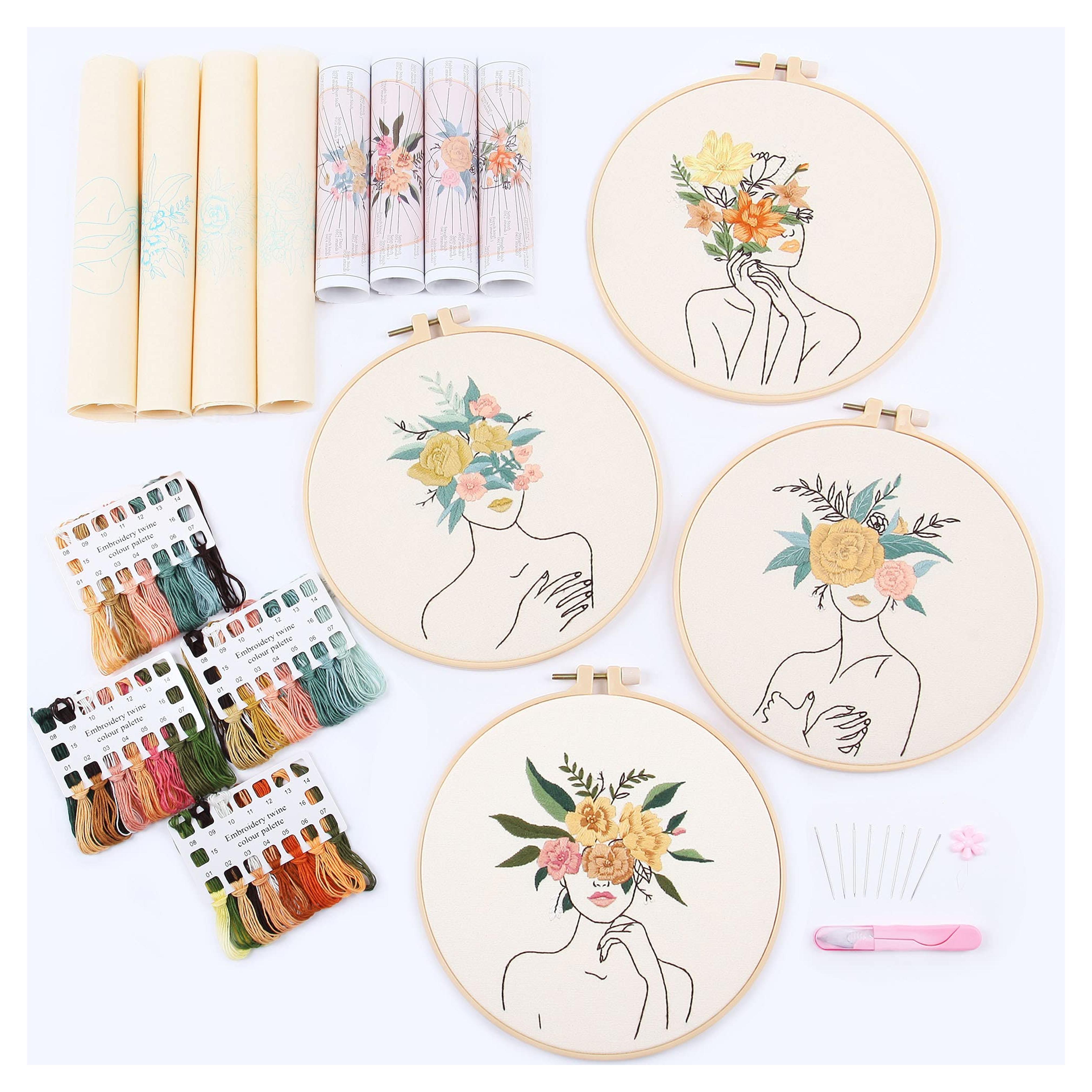 REEWISLY 4 pcs of Embroidery Starter kit with Patterns and Instructions, DIY Adult Beginner Cross Stitch Kits, Including 2 Plastic Embroidery Rings, 1 Pair of Scissors, Colored Threads and Needles