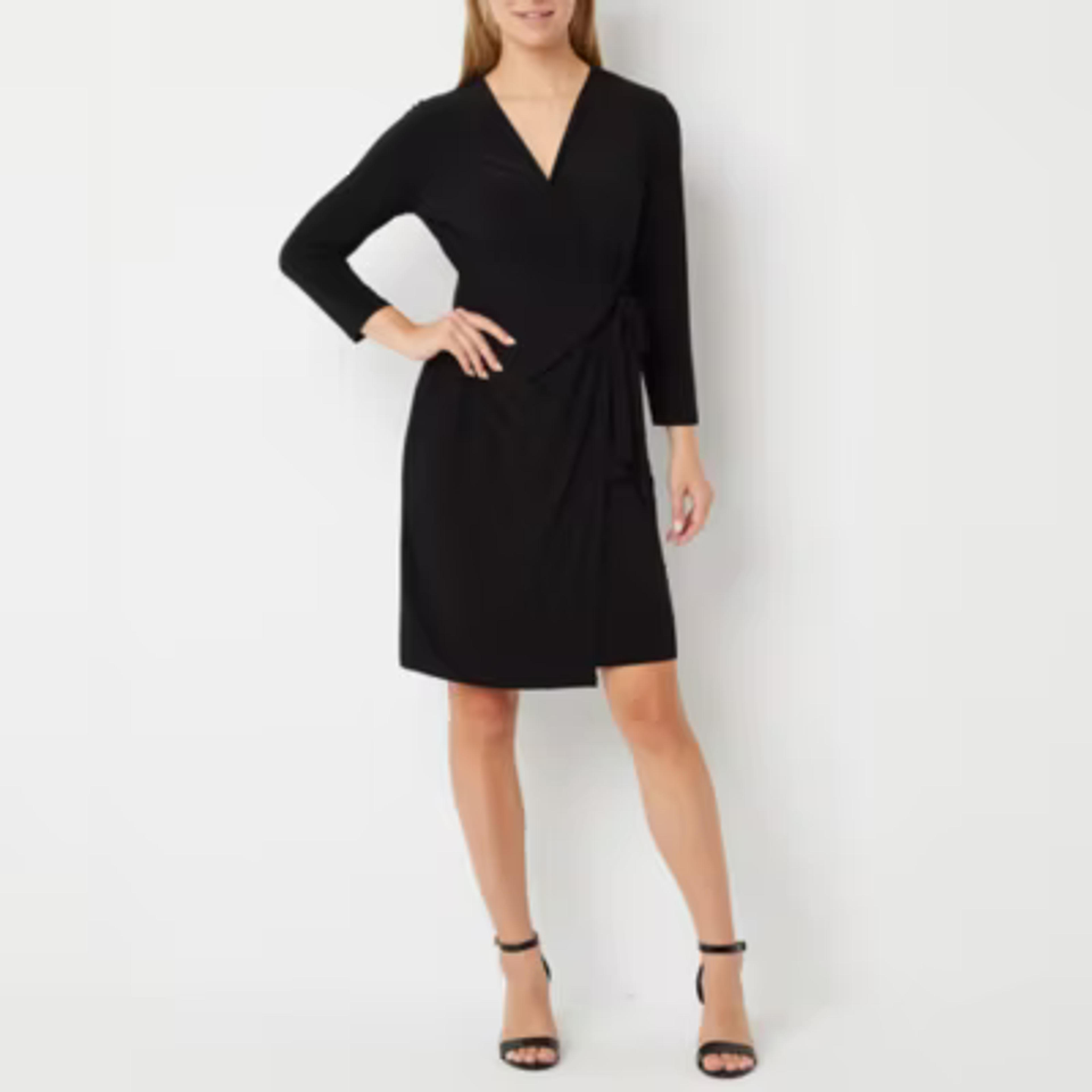 Black Label by Evan-Picone 3/4 Sleeve Wrap Dress, Color: Black - JCPenney