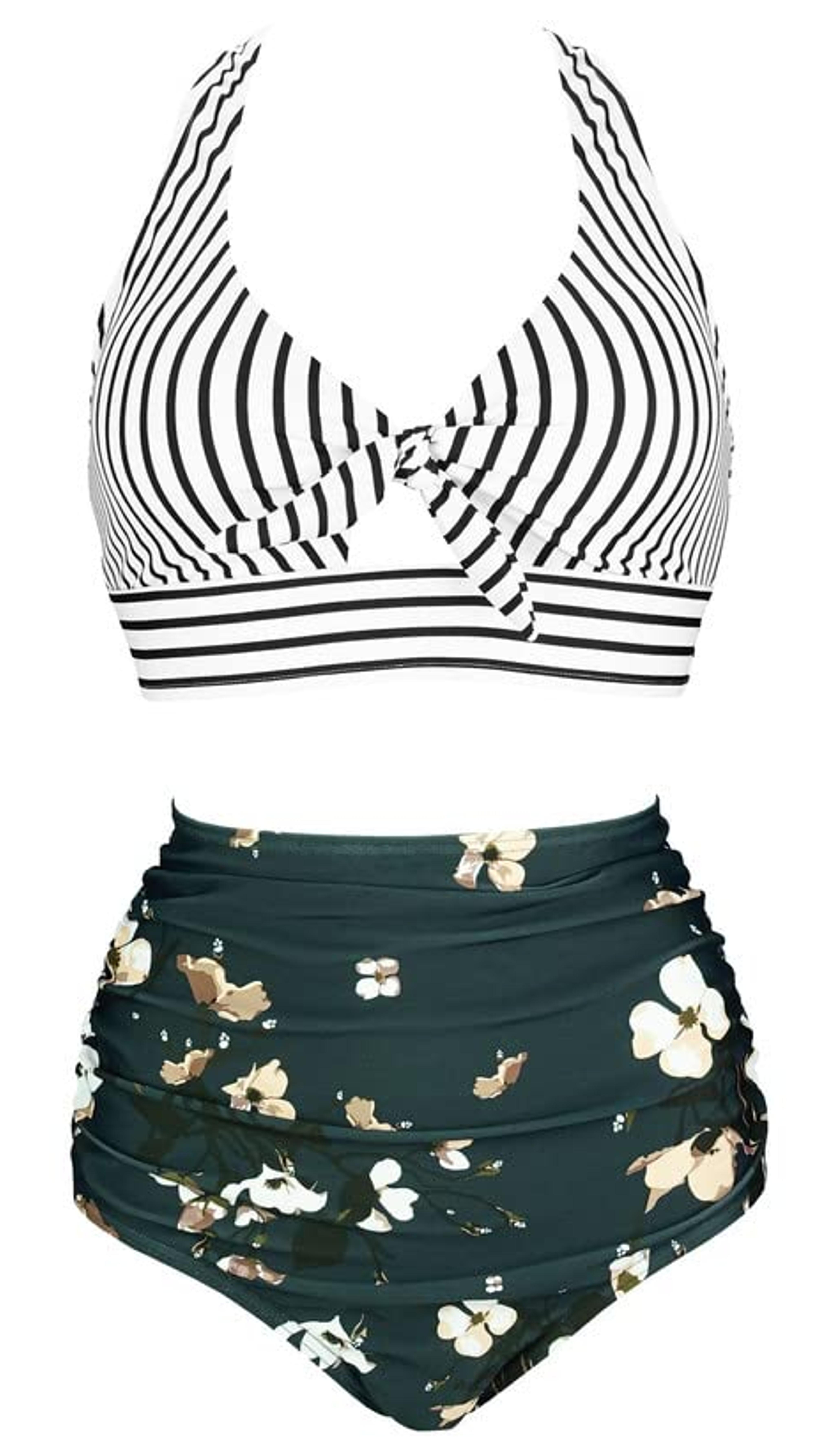 Amazon.com: COCOSHIP Black White Striped Bloom Floral Retro Front Tie Superband High Waist Two Piece Bikini Set Cruise Swimwear 10 : Clothing, Shoes & Jewelry