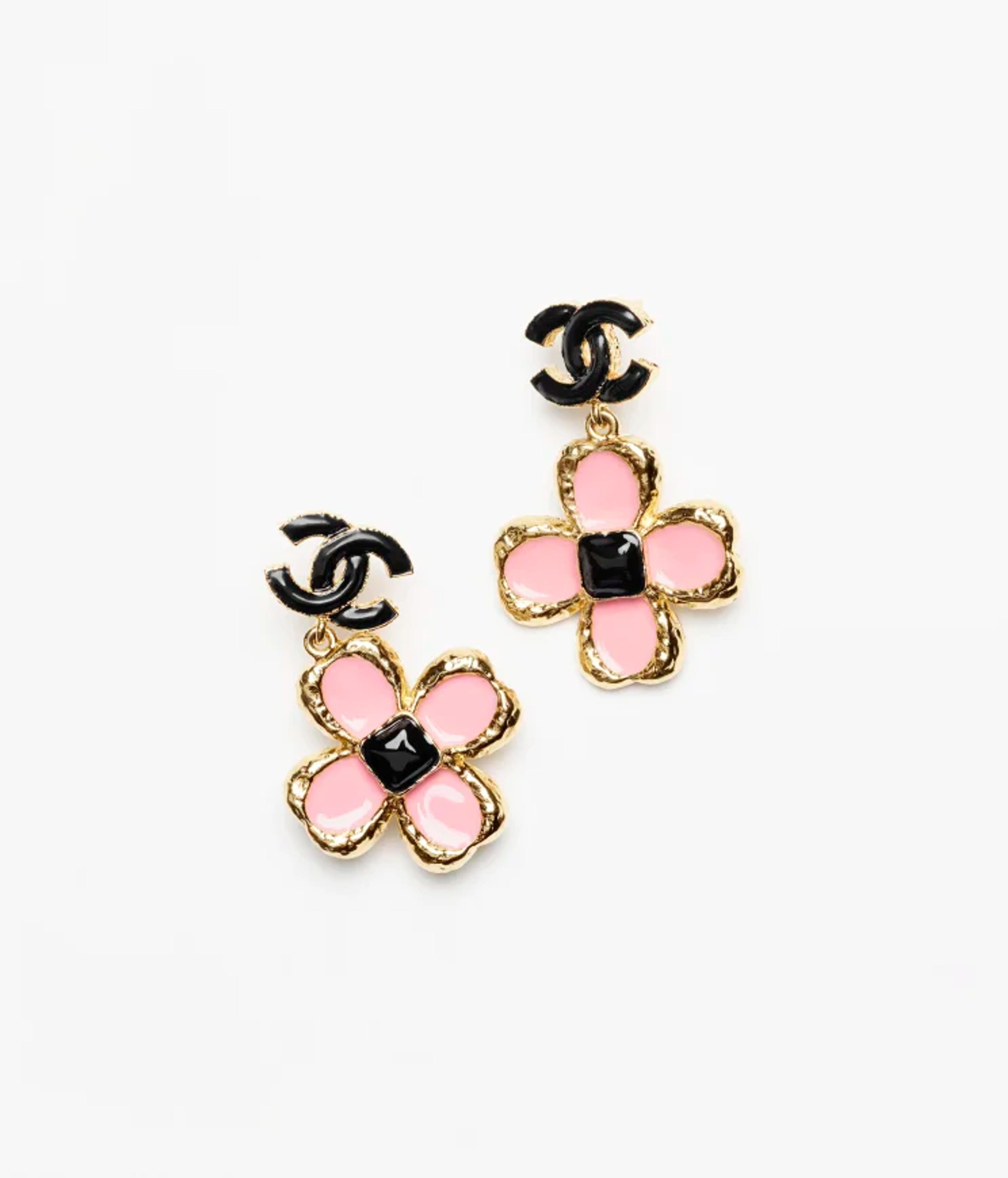 Pendant earrings - Metal & resin, gold, black & pink — Fashion | CHANEL